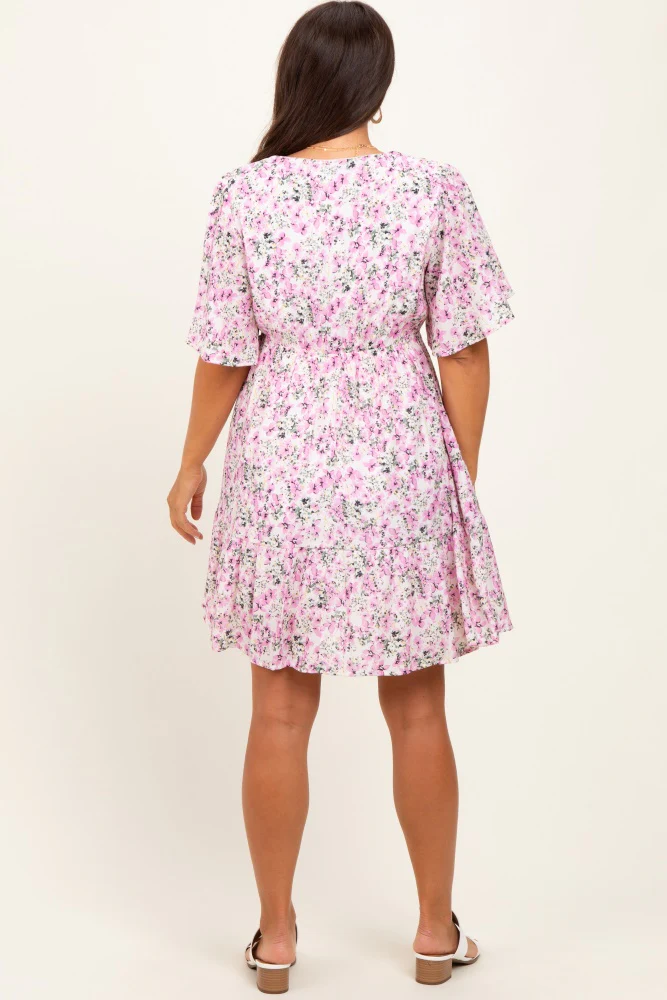 Pink Floral V-Neck Flutter Sleeve Maternity Mini Dress - Image 4