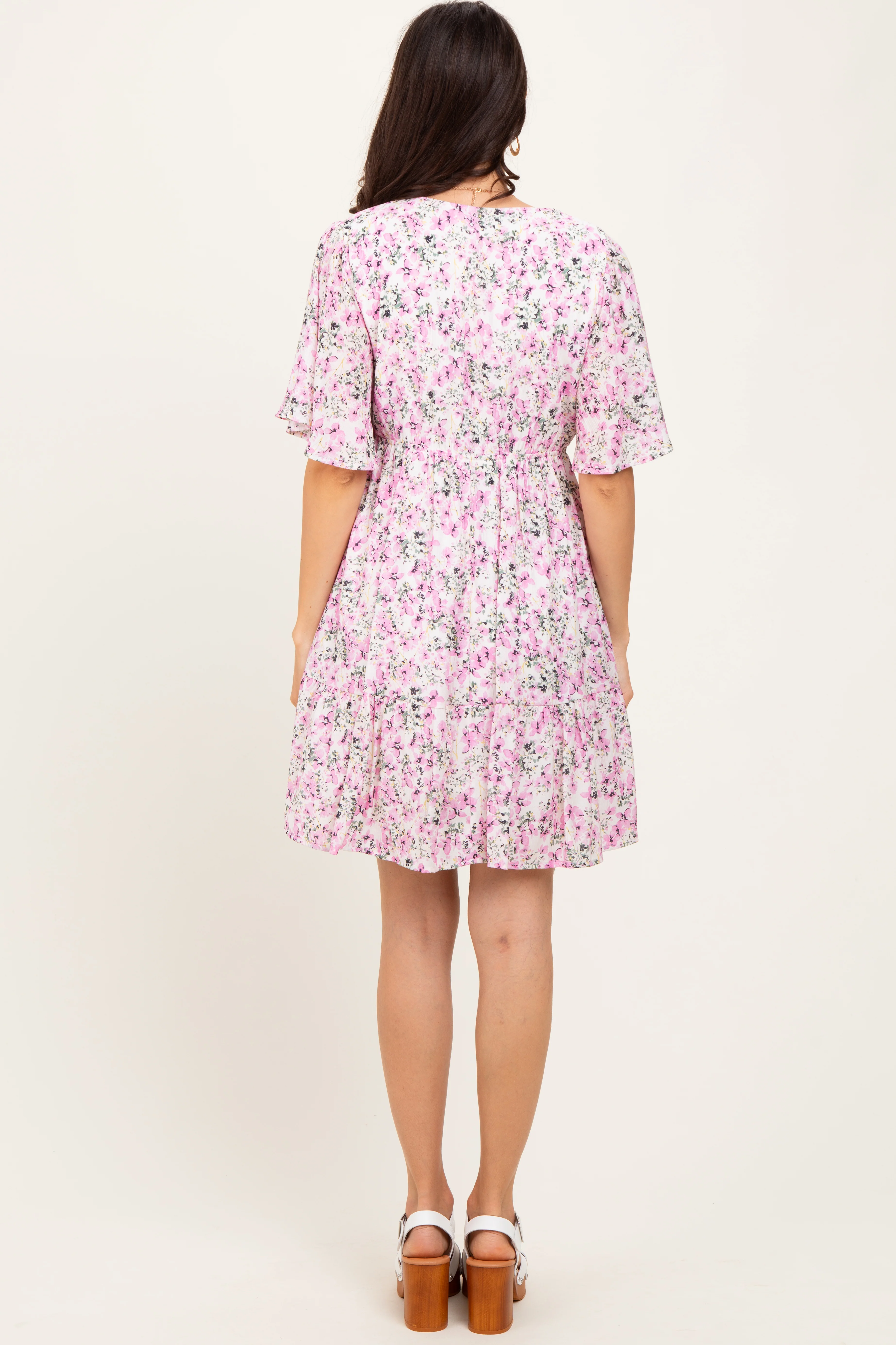 Pink Floral V-Neck Flutter Sleeve Mini Dress - Image 4