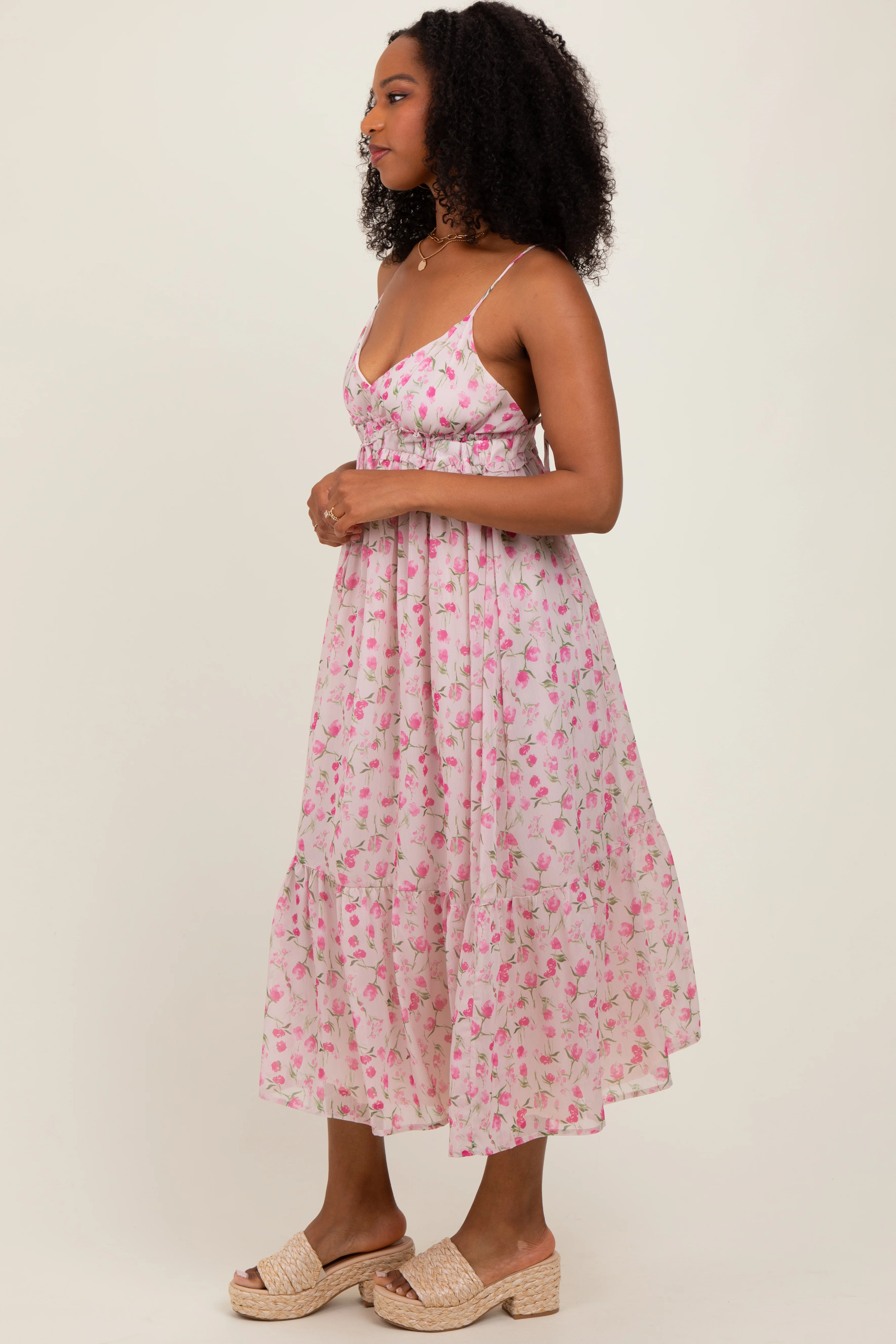 Pink Floral V-Neck Sleeveless Side Tie Midi Dress - Image 2