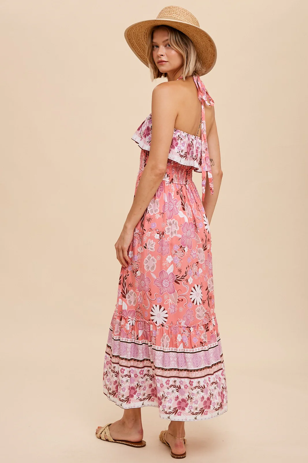 Pink Flounced Border Print Smocked Midi - Image 3