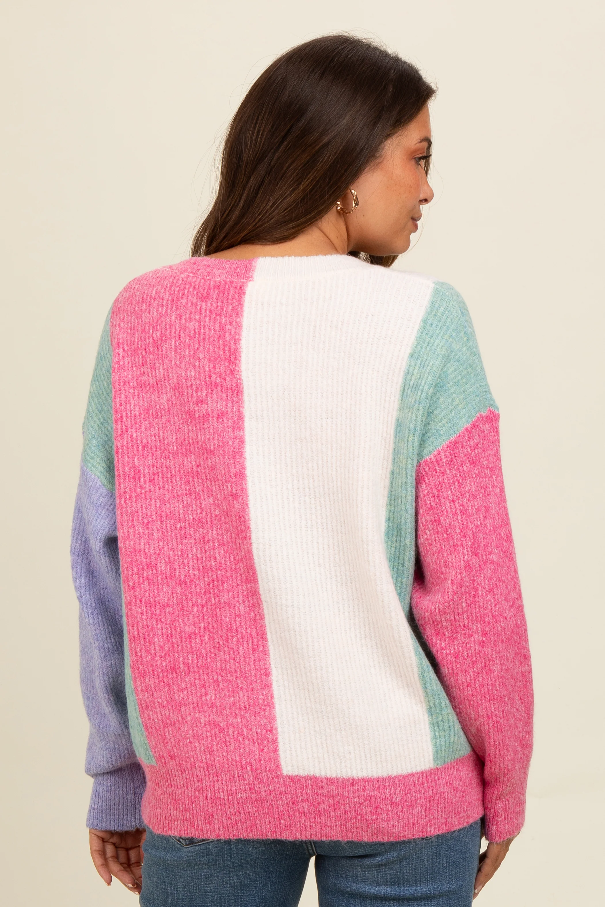 Pink Fuzzy Knit Colorblock Maternity Sweater - Image 4