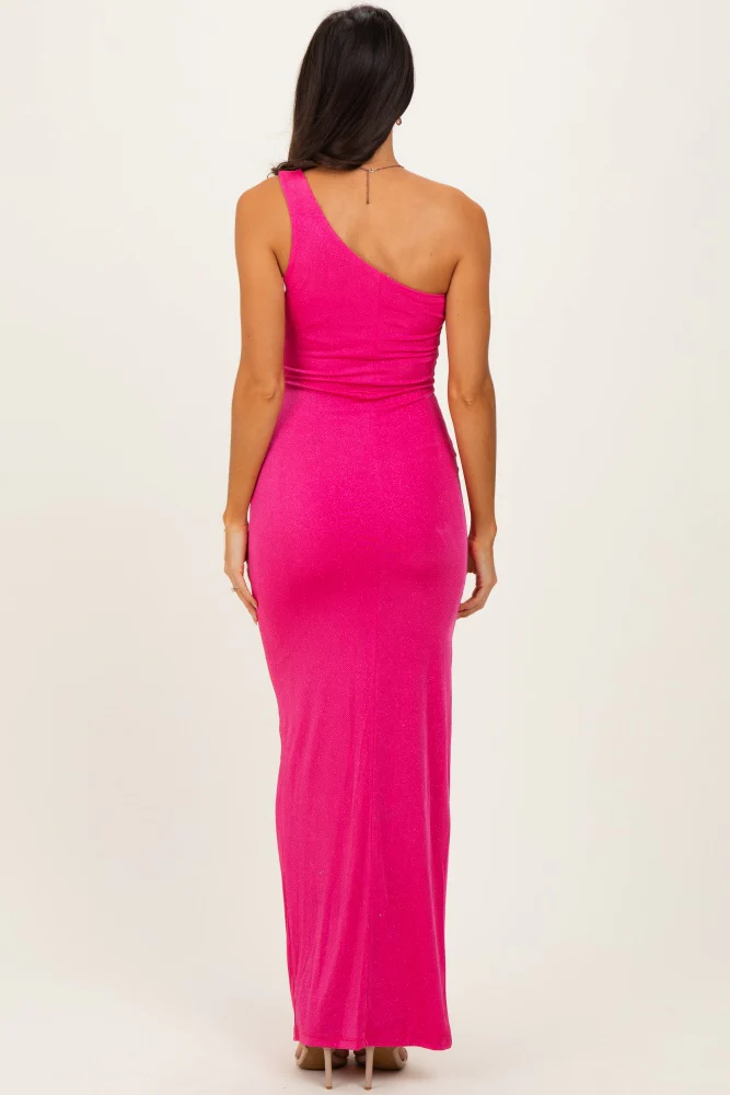 Pink Glitter One Shoulder Side Slit Maxi Dress - Image 4