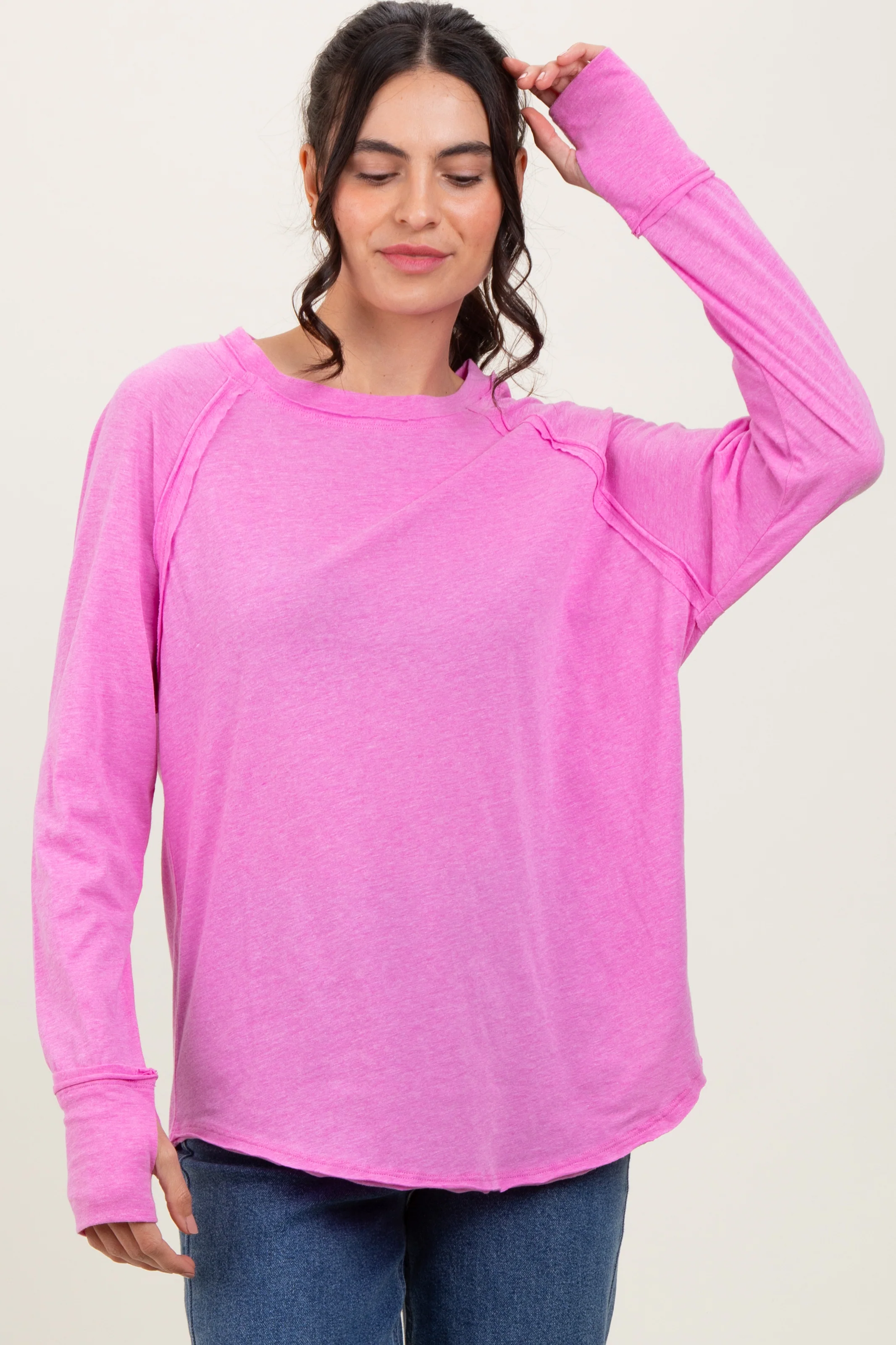 Pink Heather Exposed Seam Long Sleeve Maternity Top - Image 5