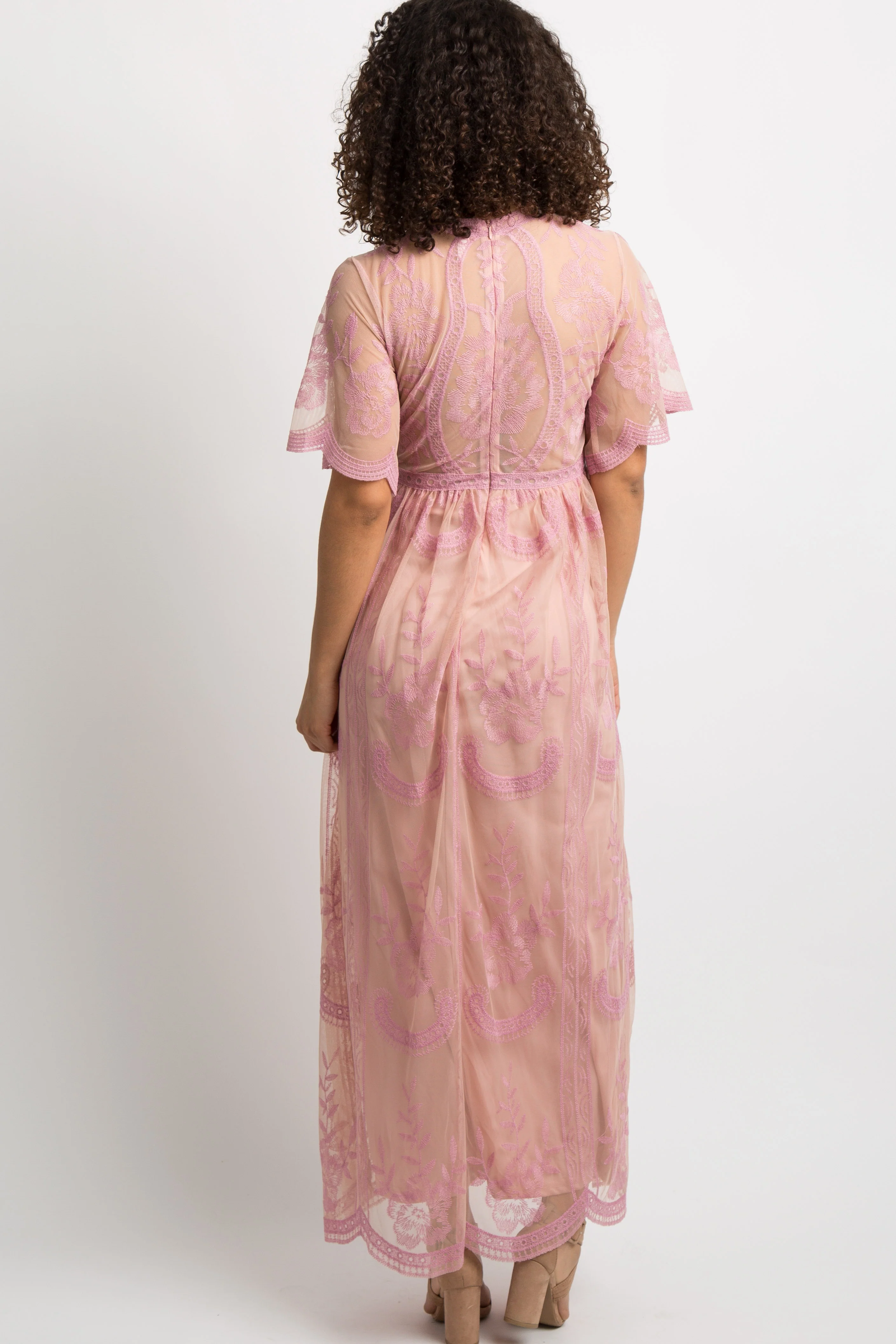 Pink Lace Mesh Overlay Maternity Maxi Dress - Image 3