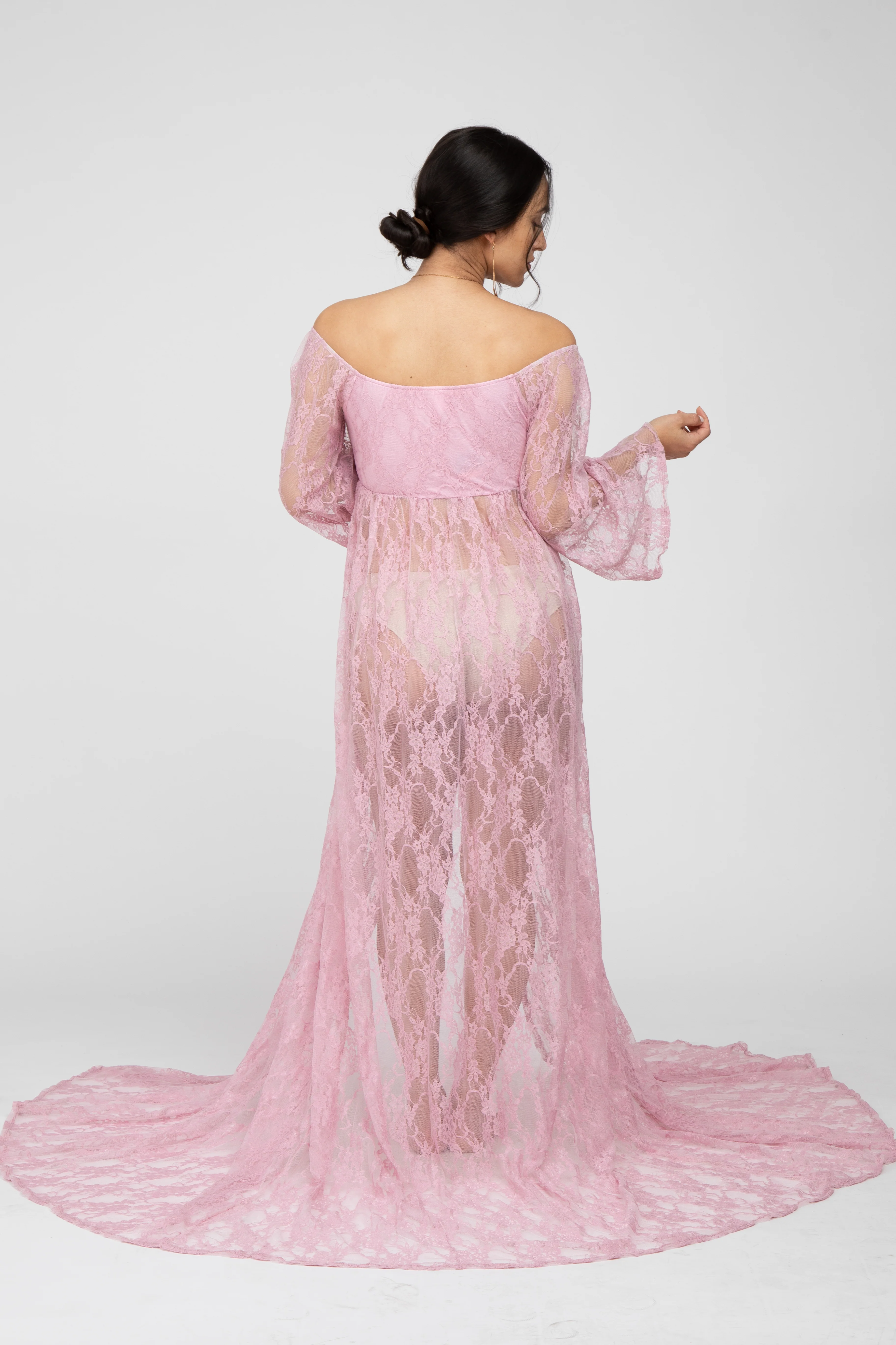 Pink Lace Off Shoulder Maternity Photoshoot Gown/Dress - Image 4