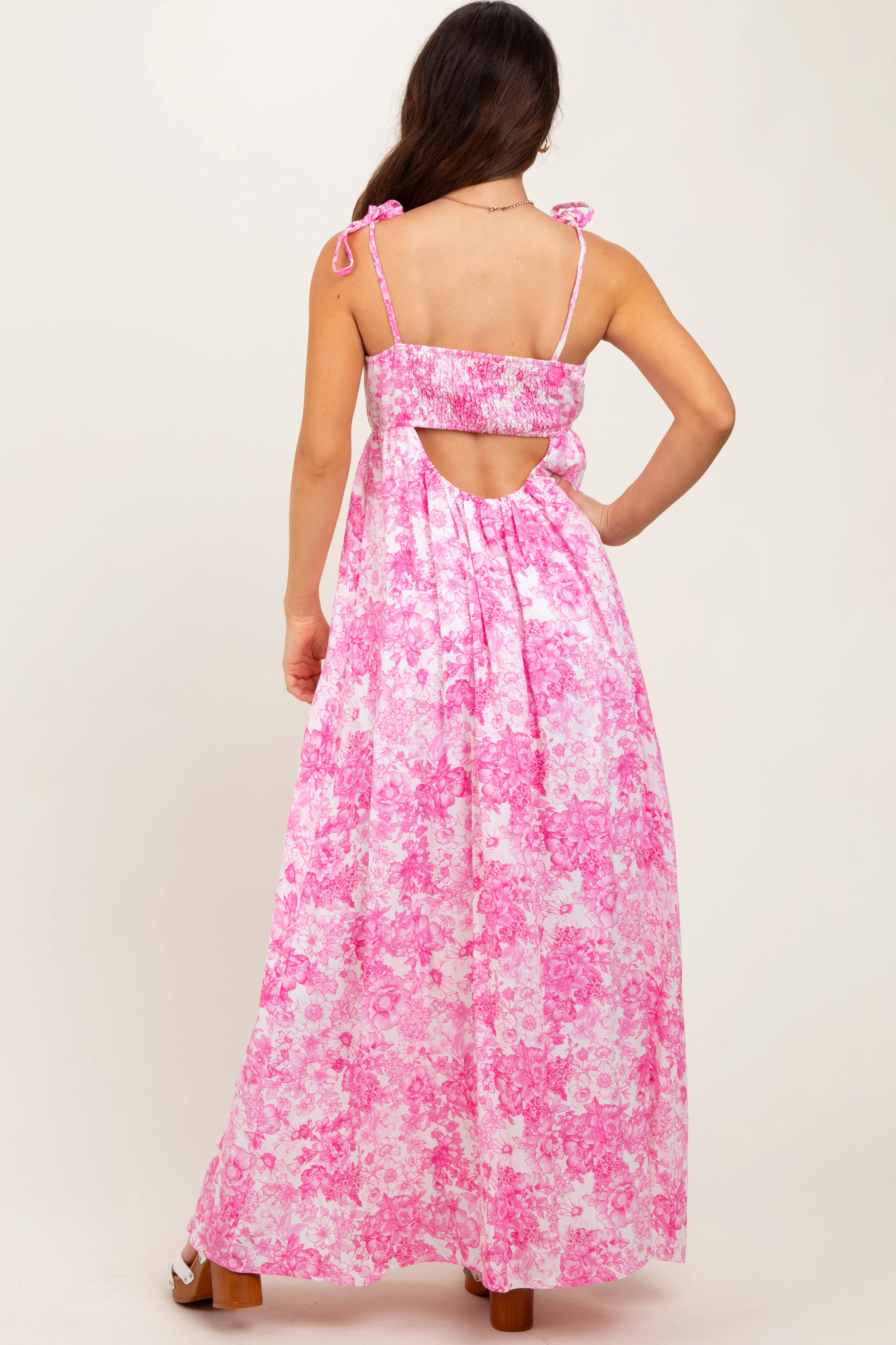 Pink Leaf Print Sleeveless Open Back Smocked Maxi Dress - Image 4