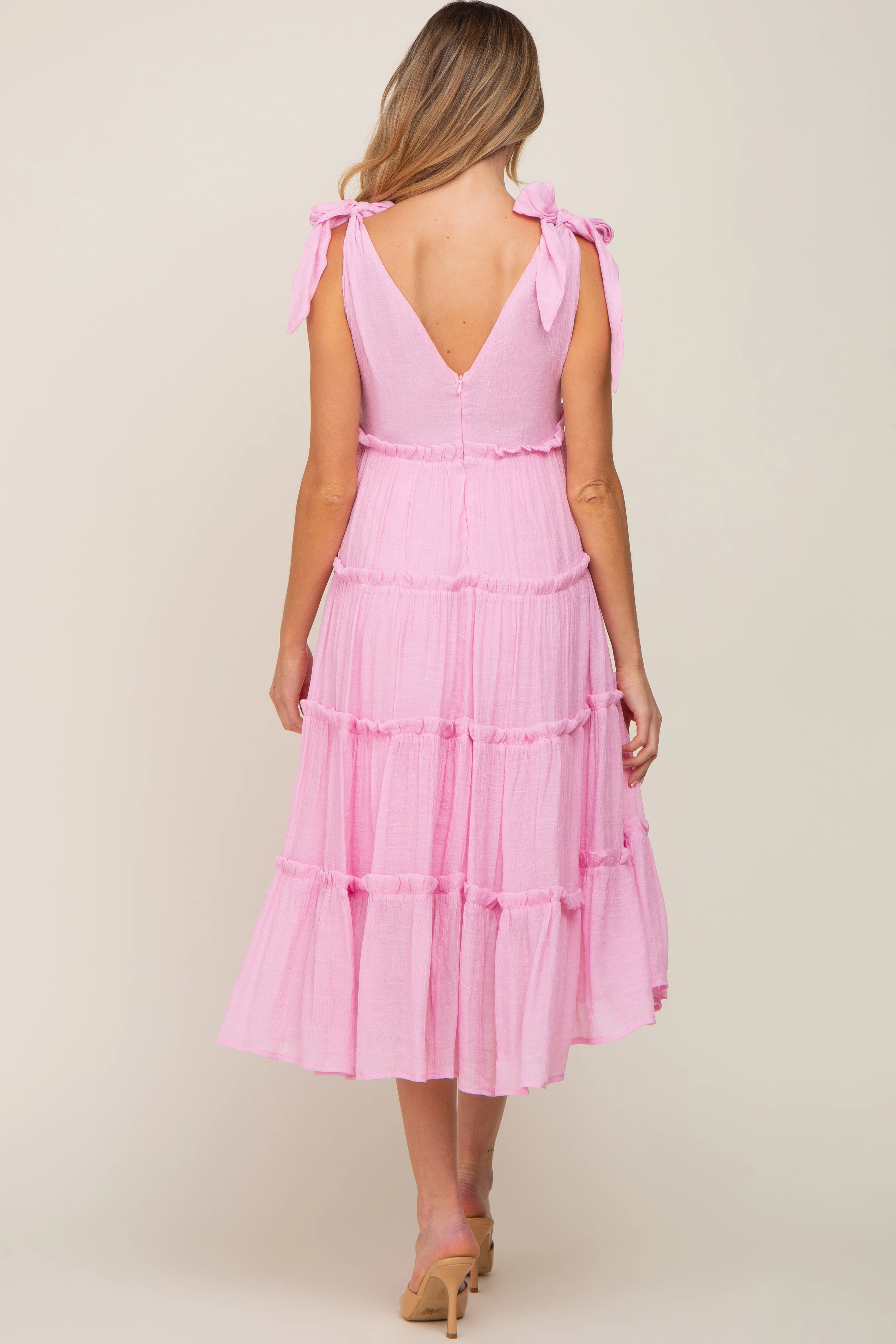 Pink Linen Button Front Shoulder Tie Tiered Maternity Midi Dress - Image 5