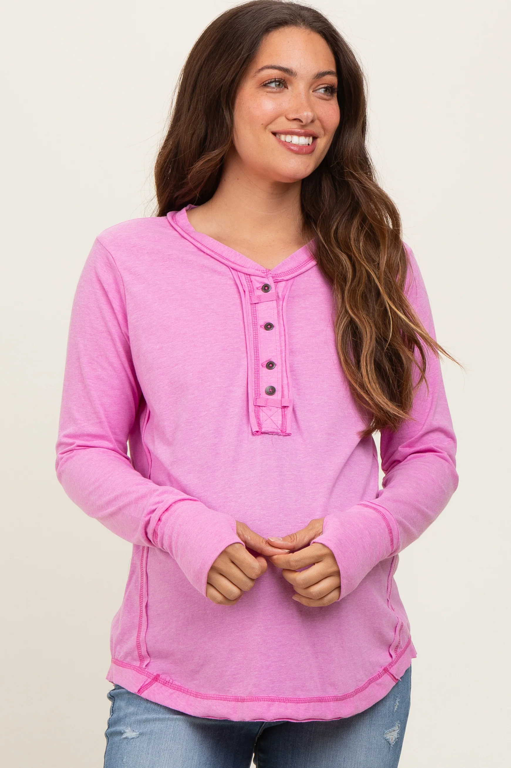 Pink Long Sleeve Exposed Seam Maternity Top - Image 2