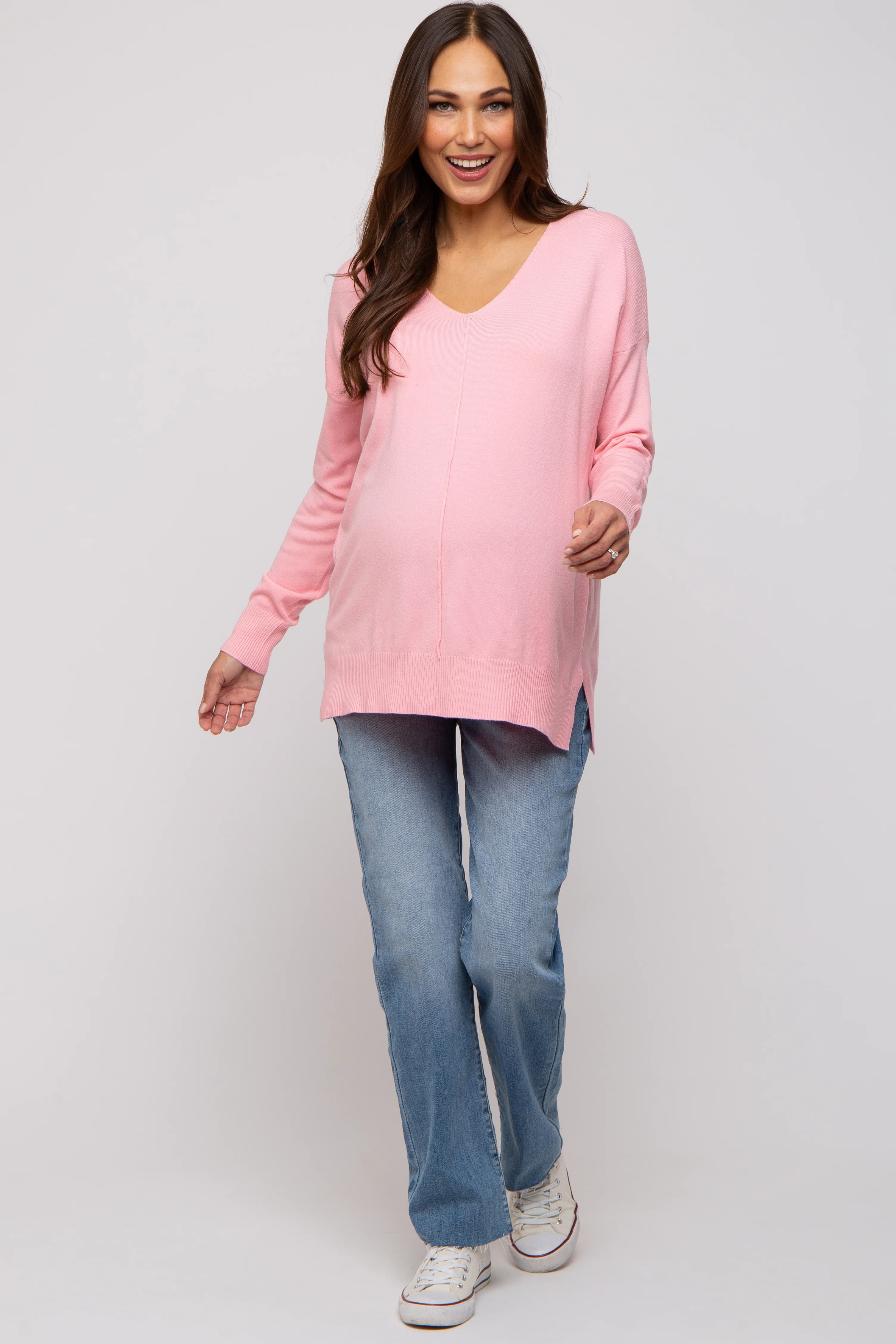 Pink Long Sleeve Side Slit Maternity Sweater - Image 4