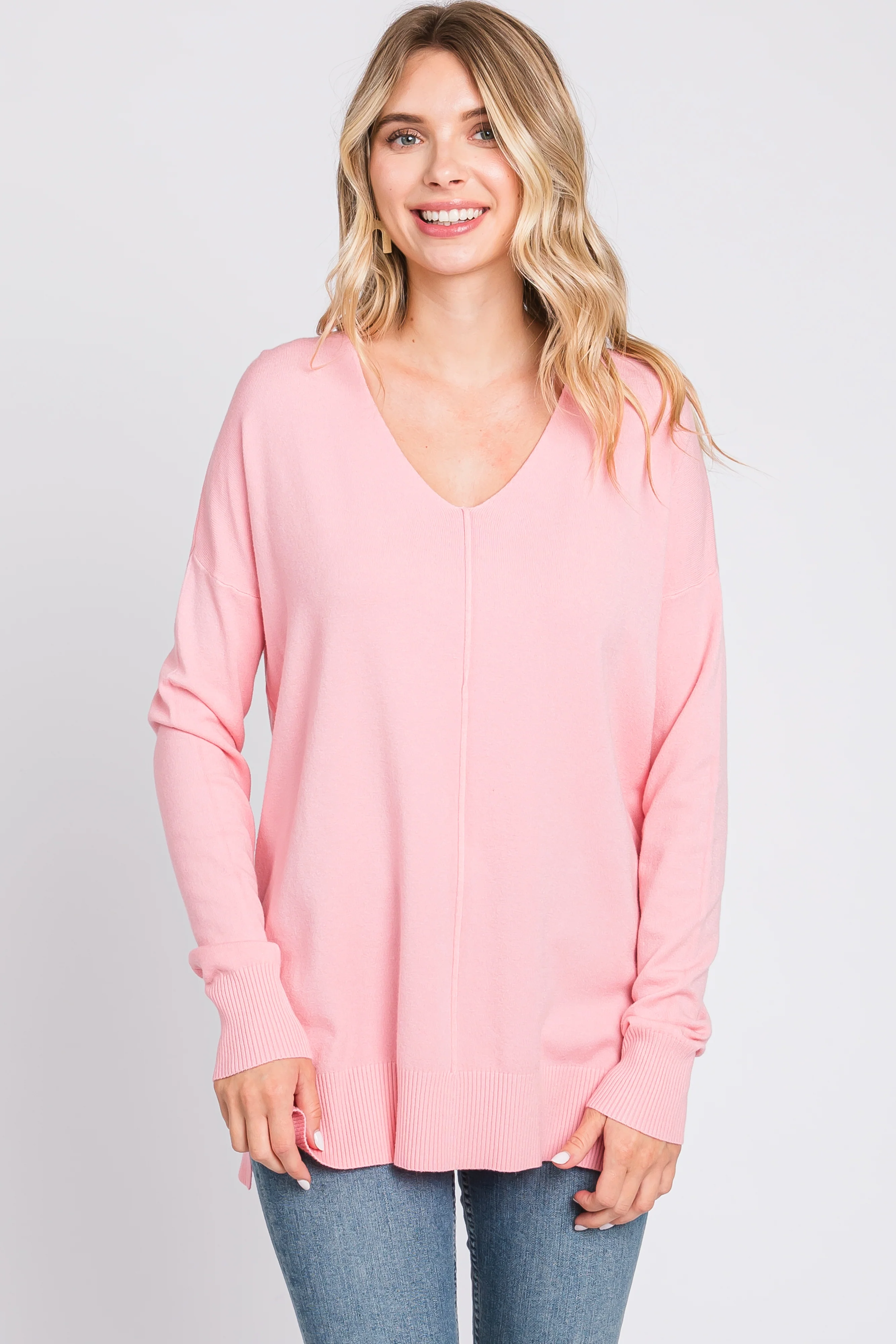 Pink Long Sleeve Side Slit Sweater - Image 3