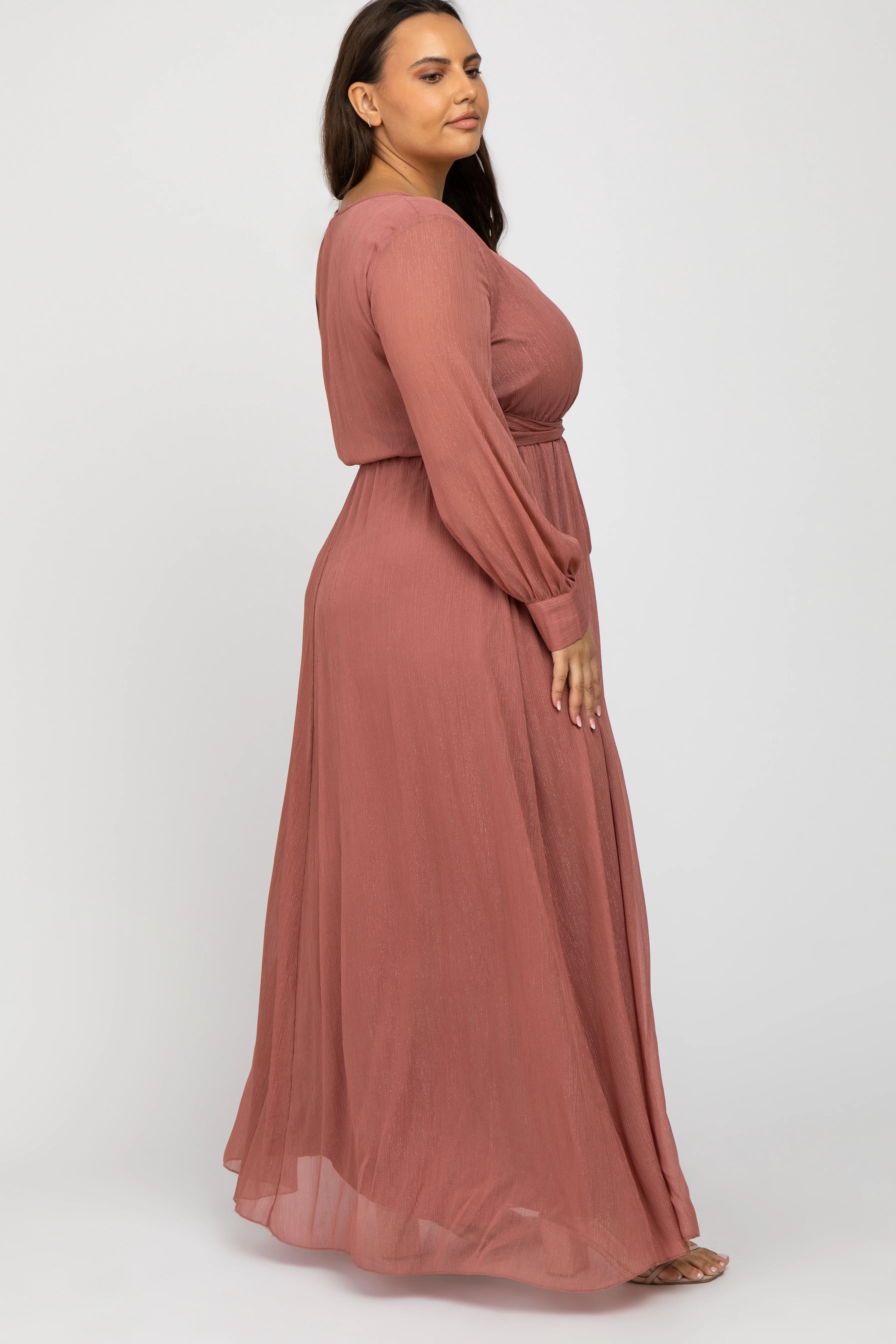 Pink Metallic Chiffon Plus Maxi Dress - Image 2