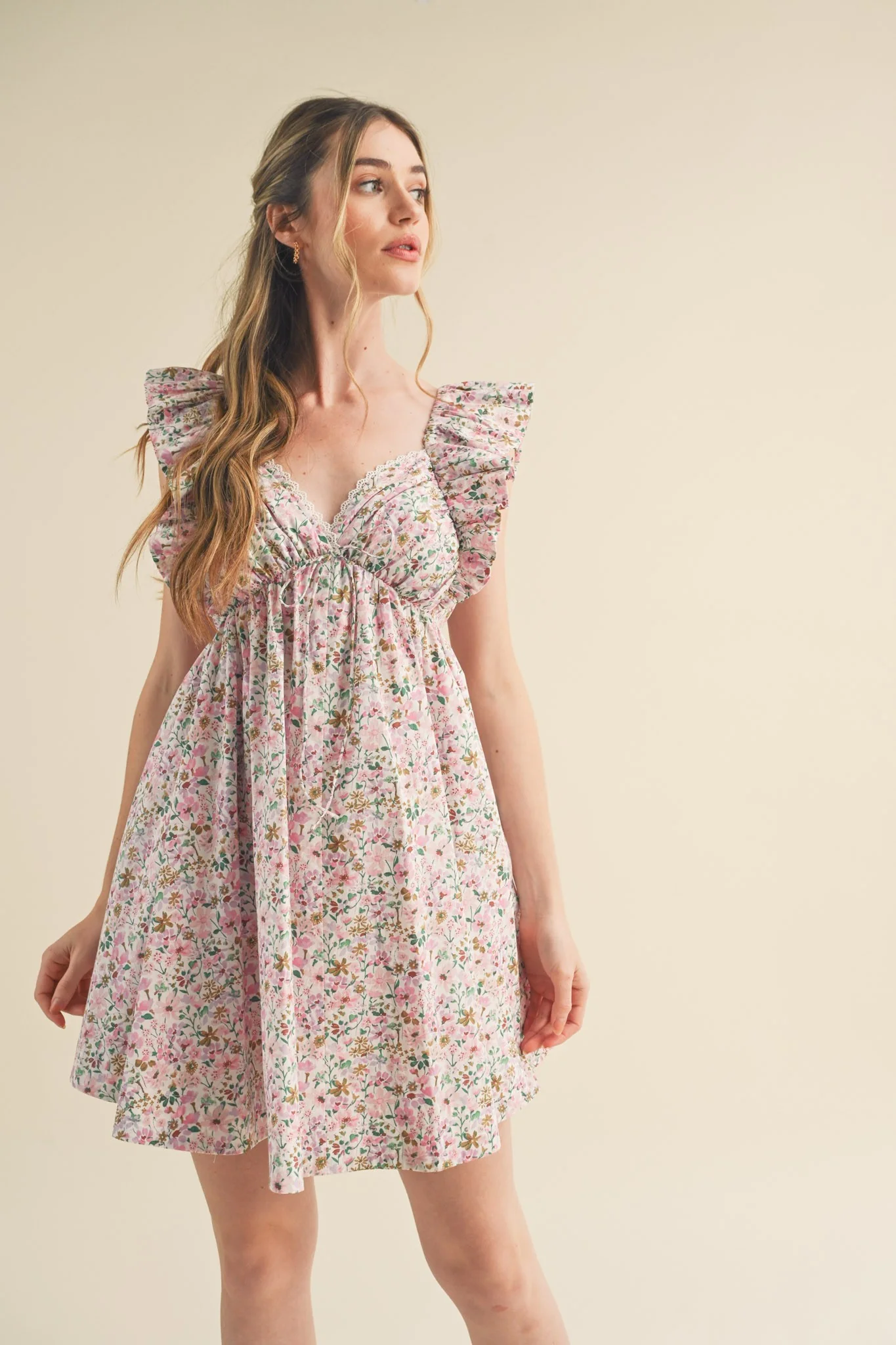 Pink Multi Floral Flutter Sleeve Mini Dress