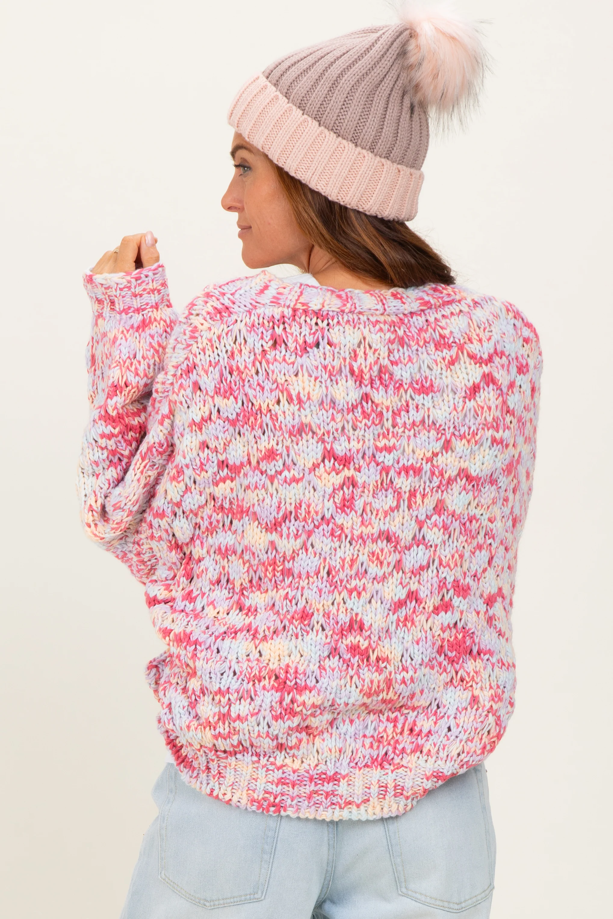 Pink Multicolor Chunky Knit Open Front Cardigan - Image 3