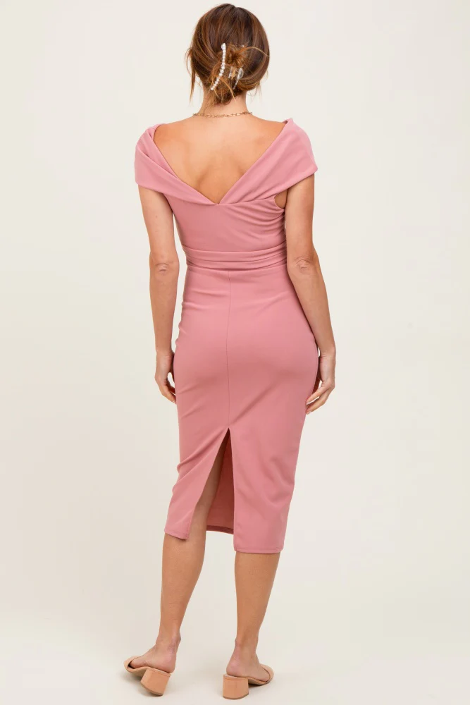 Pink Off Shoulder Fitted Midi Dress - Image 4