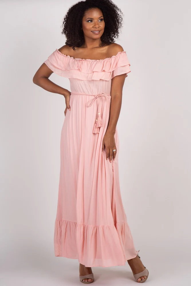 Pink Off Shoulder Tassel Tie Maternity Maxi Dress - Image 12