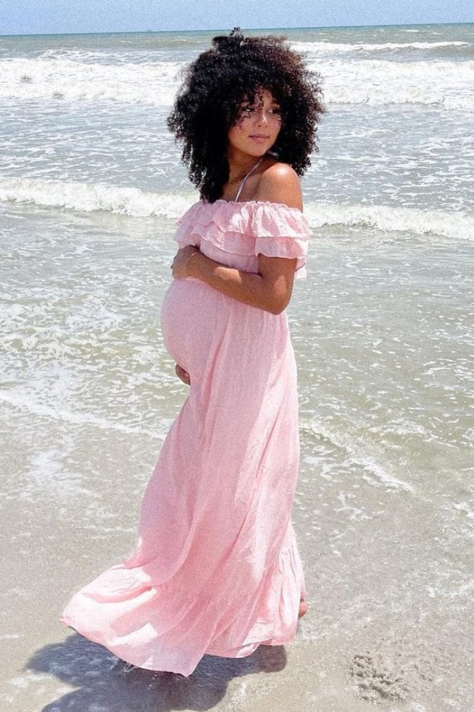 Pink Off Shoulder Tassel Tie Maternity Maxi Dress - Image 4