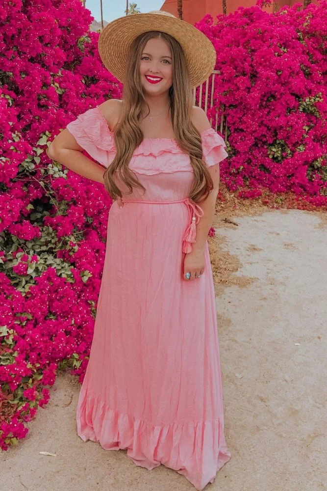 Pink Off Shoulder Tassel Tie Maxi Dress - Image 4