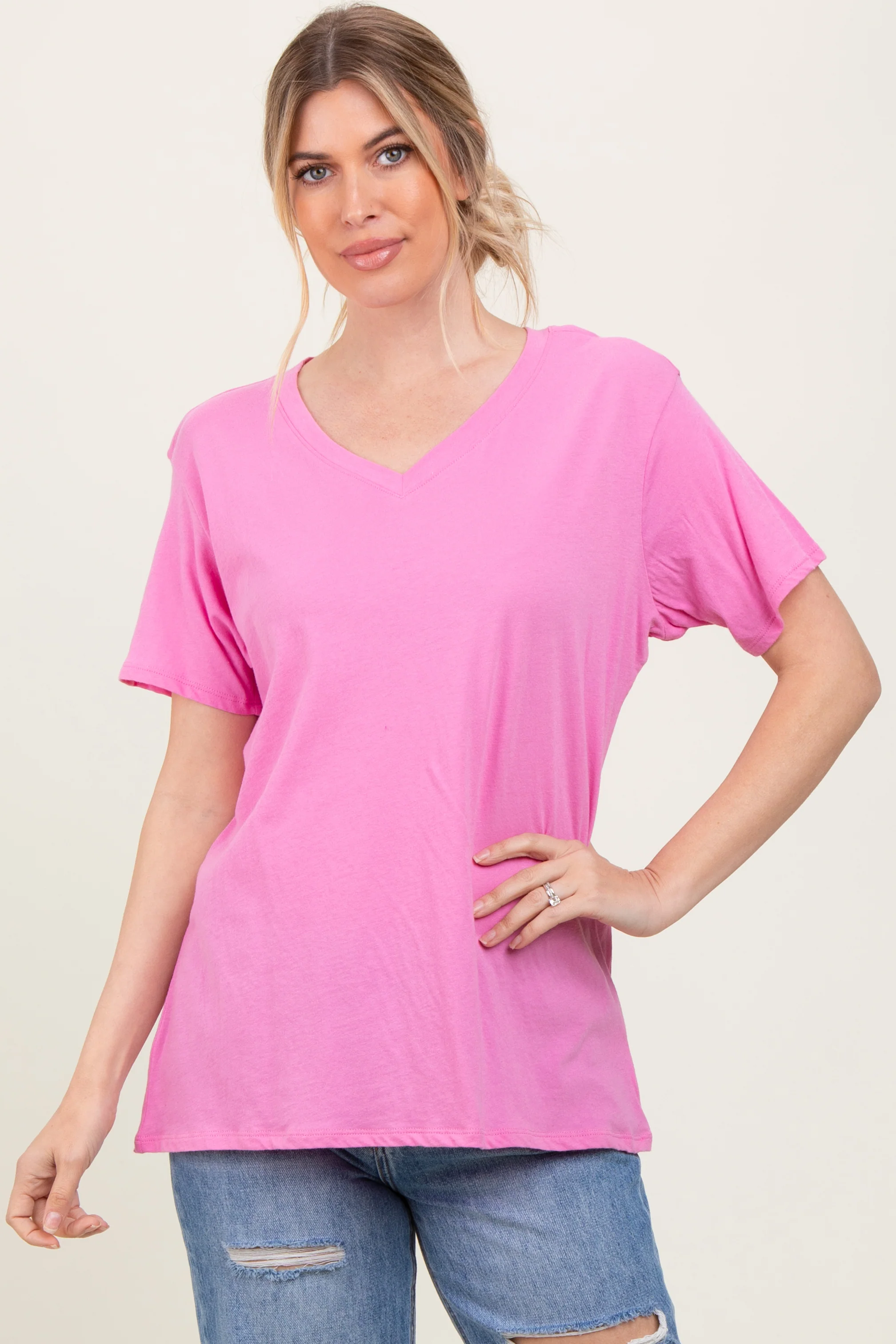 Pink Oversized V-Neck Short Sleeve Maternity Tee - Image 4