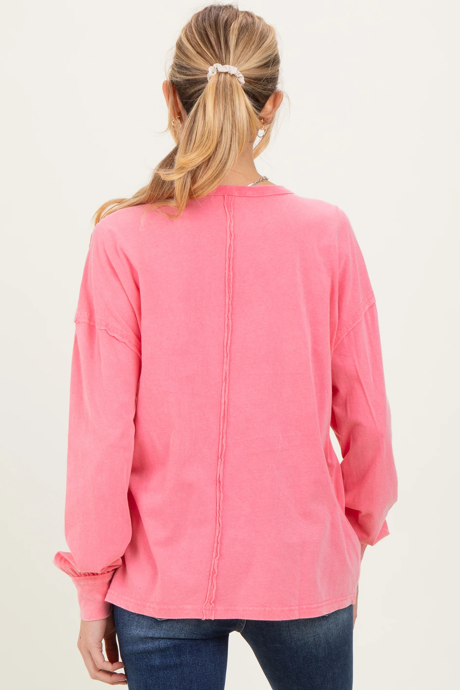 Pink Oversized Washed Long Sleeve Pocket Maternity Top - Image 4