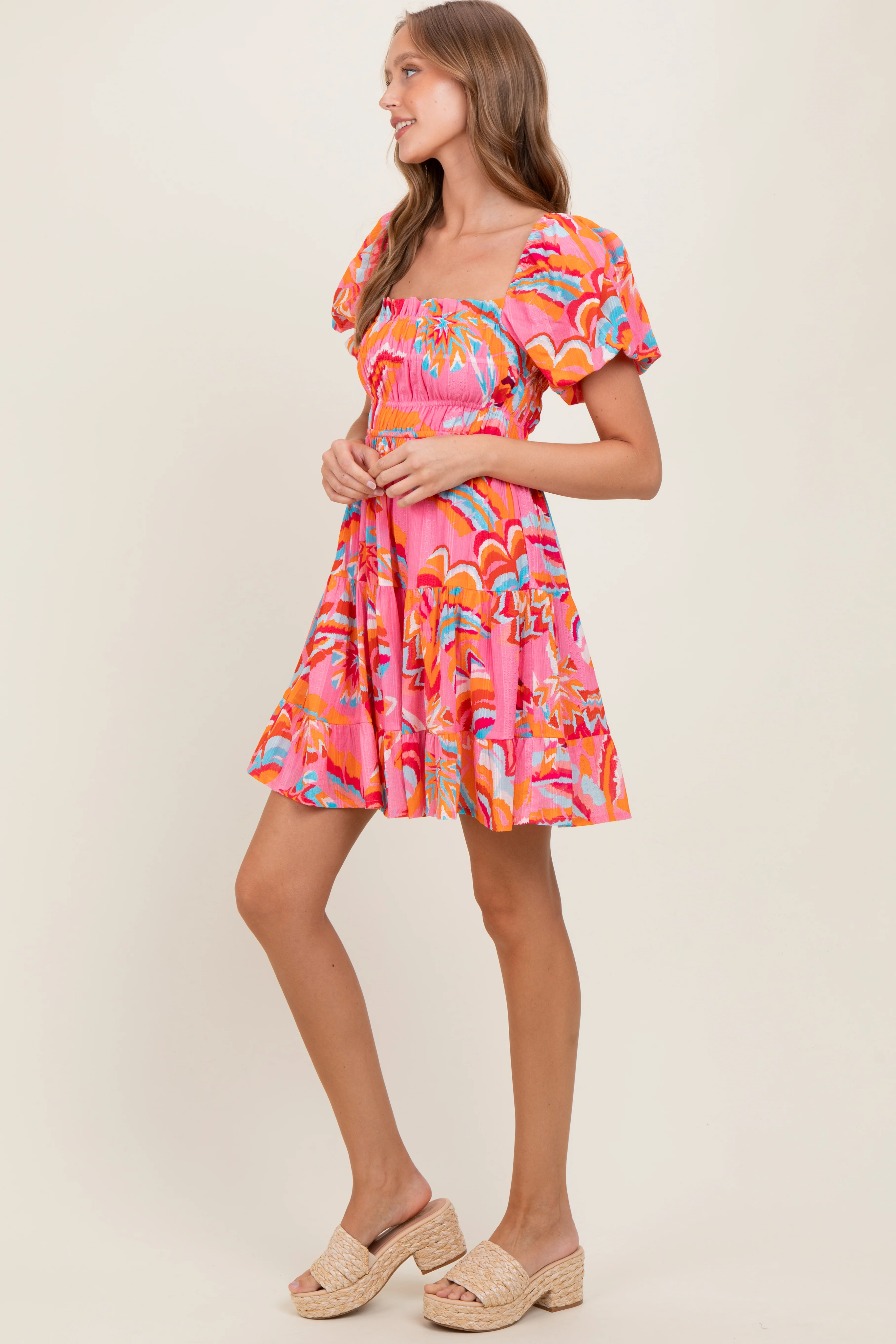Pink Printed Smocked Puff Sleeve Mini Dress - Image 3