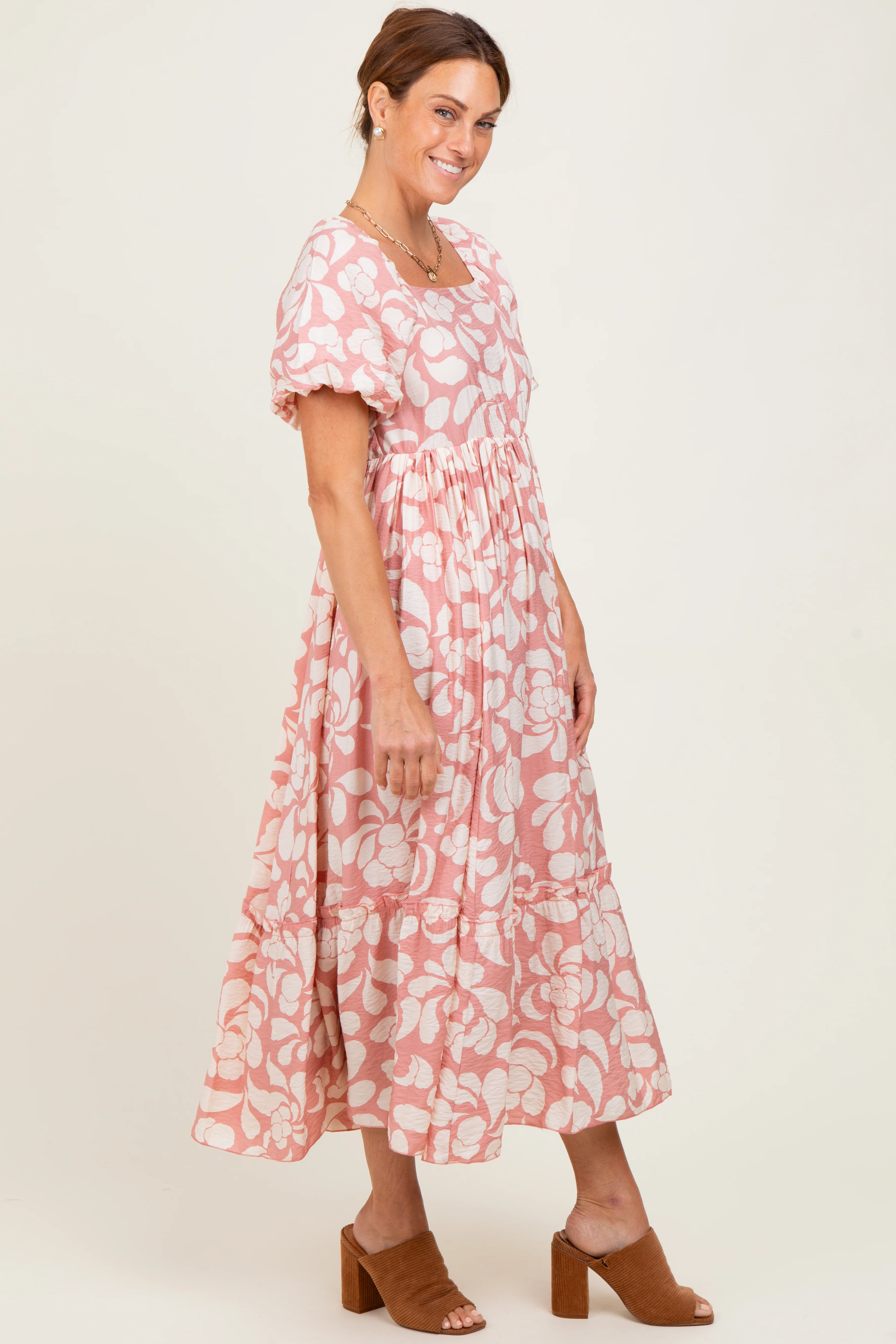 Pink Printed Square Neck Bubble Sleeve Maxi Dress - Image 3