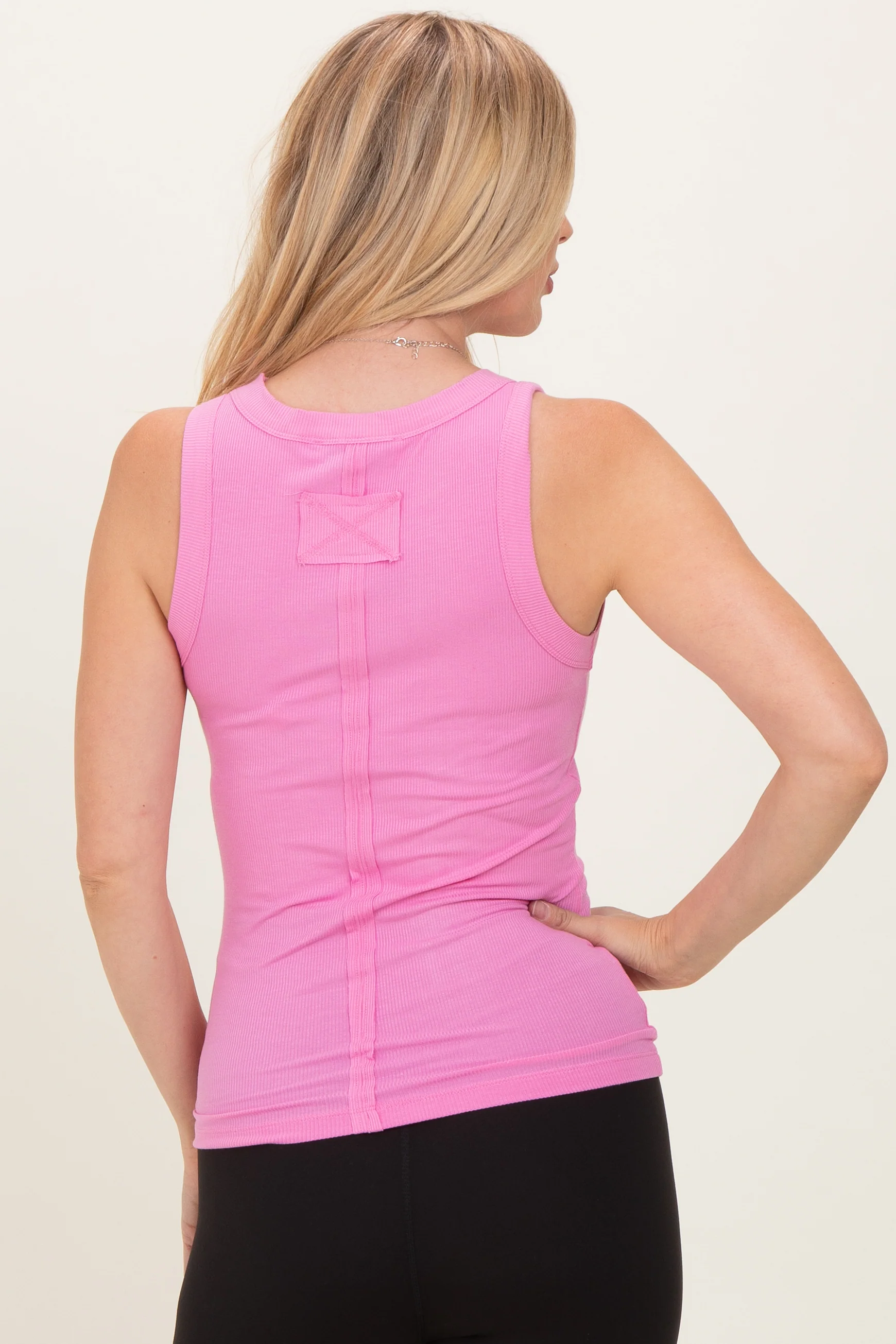 Pink Ribbed High Neck Tank Top - Image 2