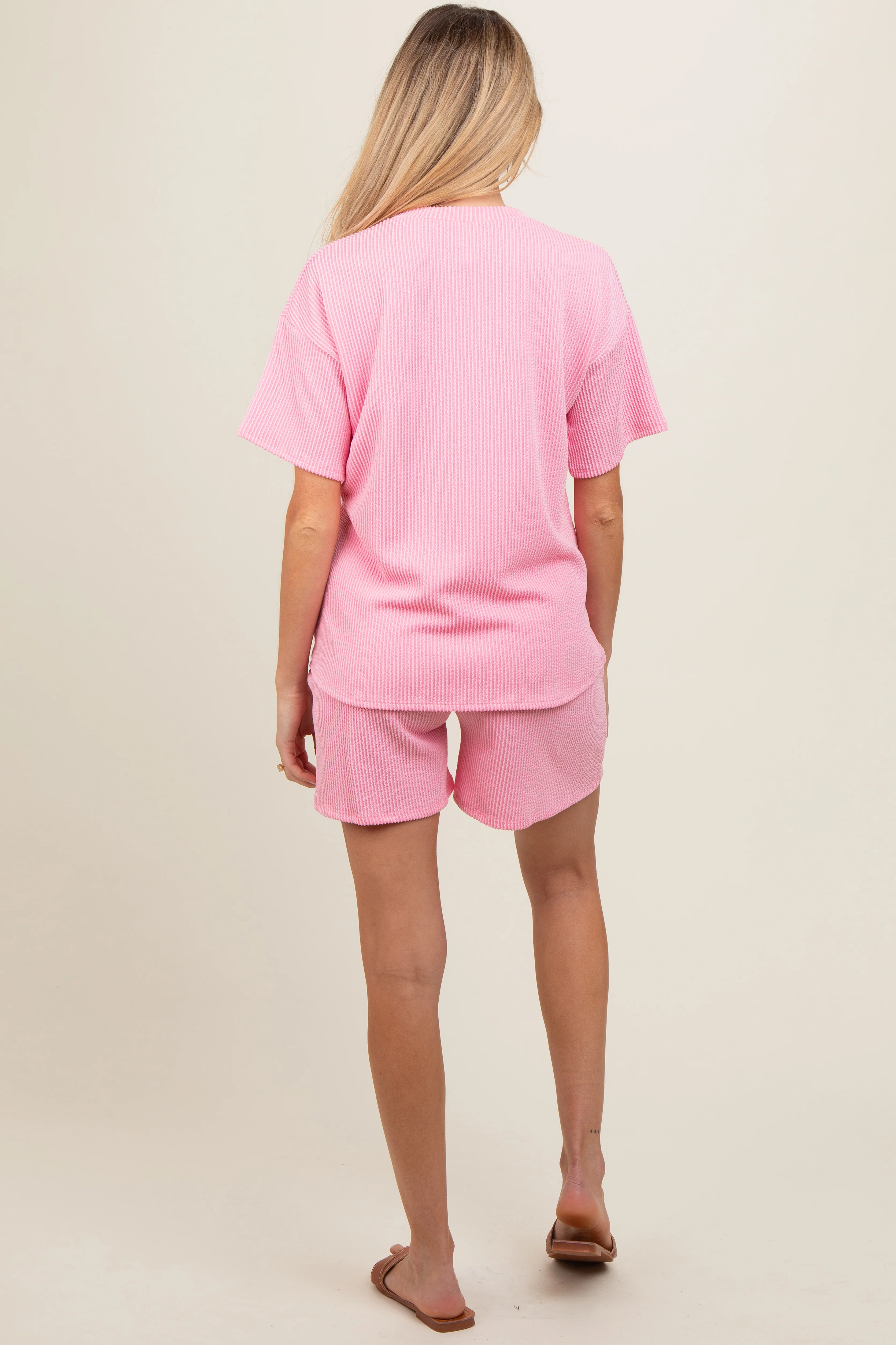 Pink Ribbed Short Sleeve Maternity Pajama Set - Image 3