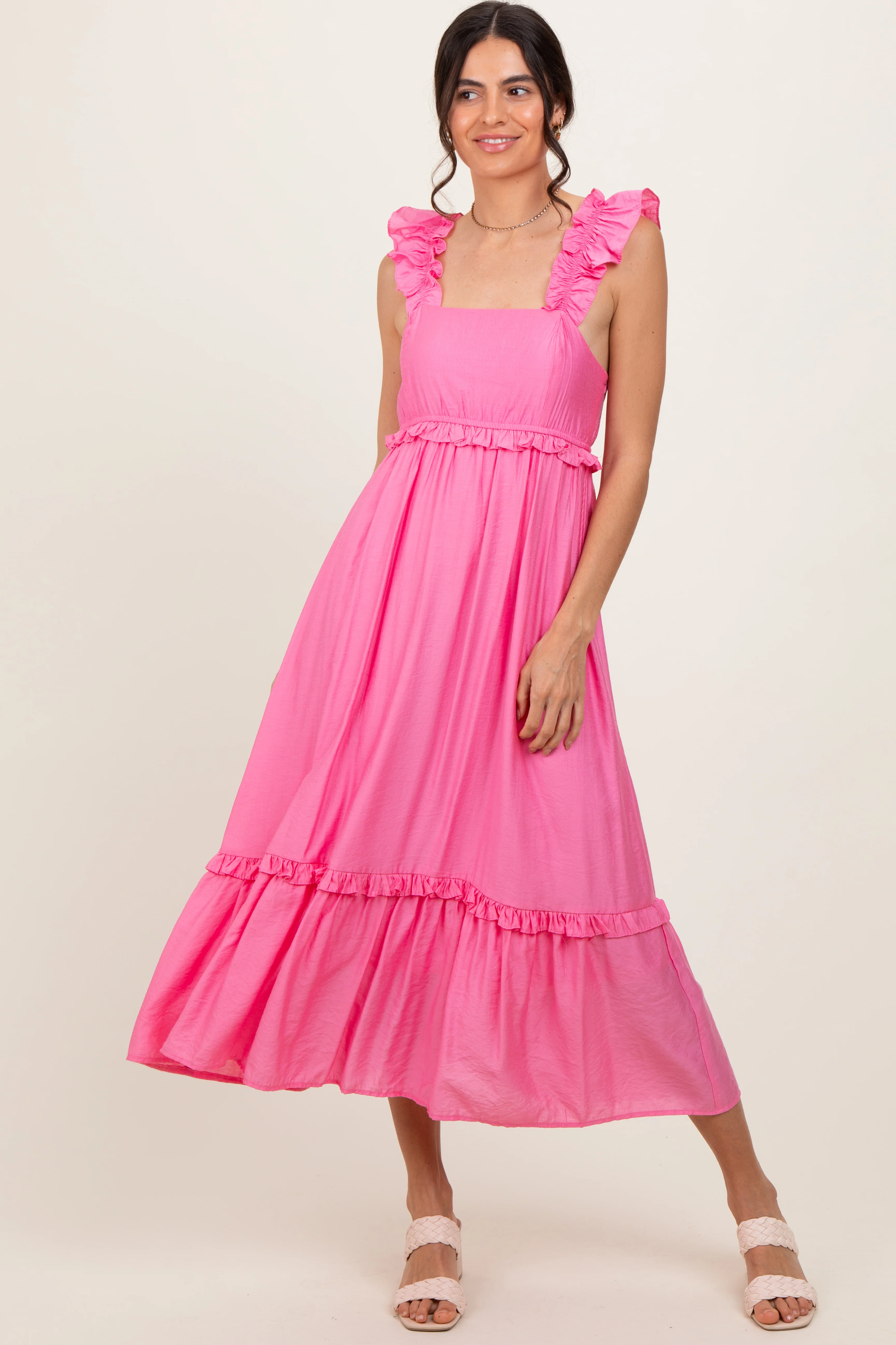 Pink Ruffle Strap Square Neck Maternity Midi Dress - Image 4