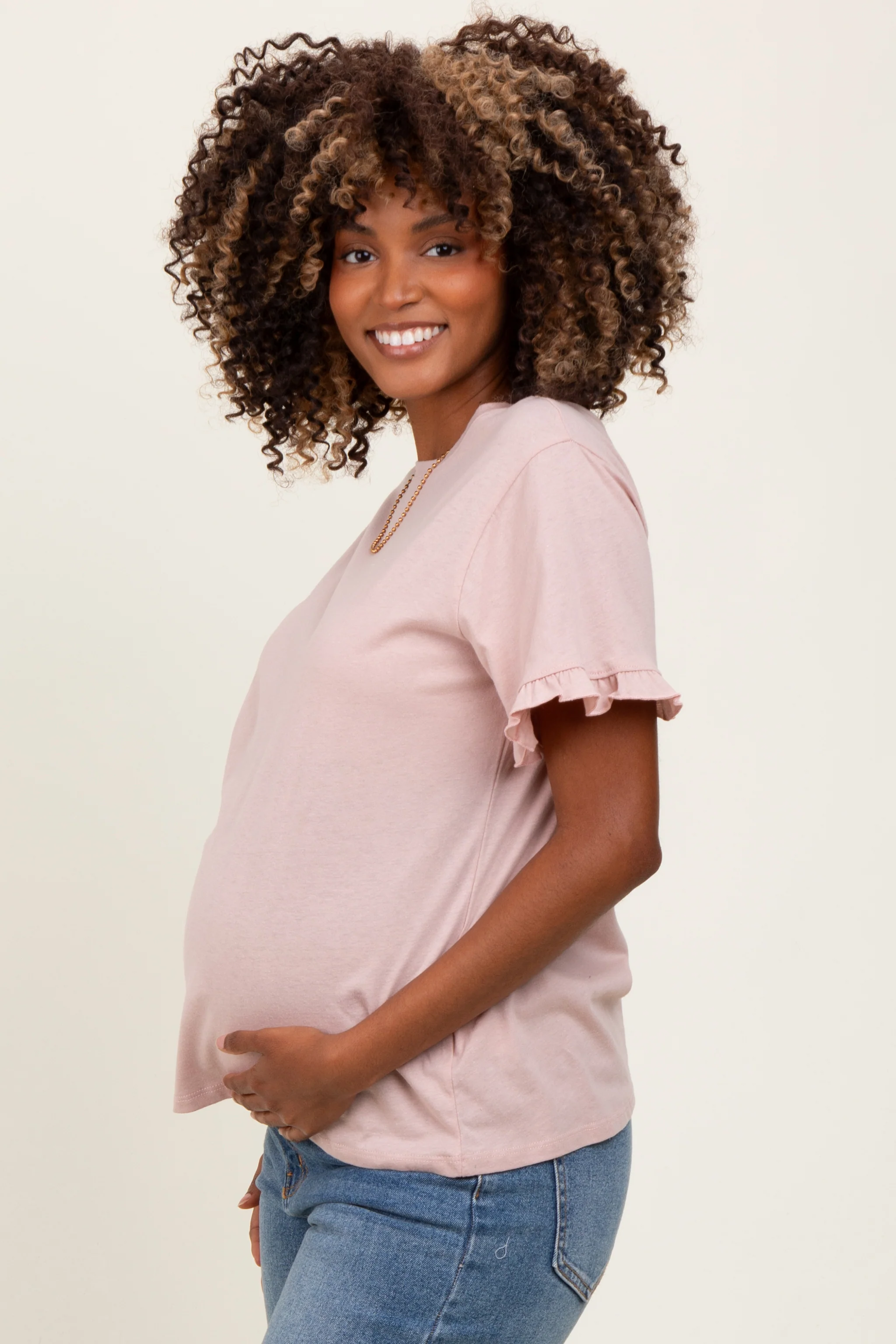 Pink Ruffle Trim Short Sleeve Maternity T-Shirt - Image 3