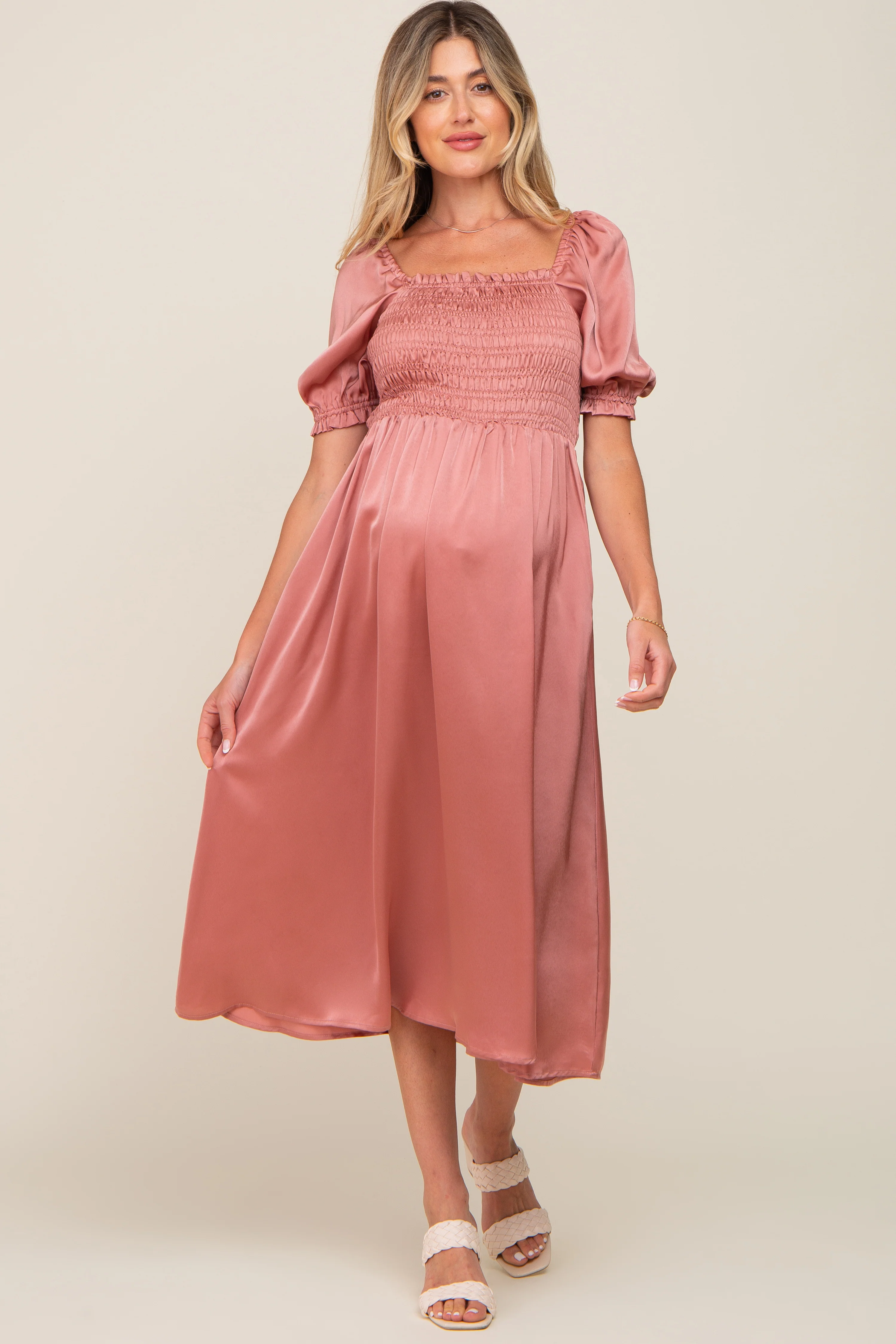 Pink Satin Puff Sleeve Maternity Midi Dress - Image 4