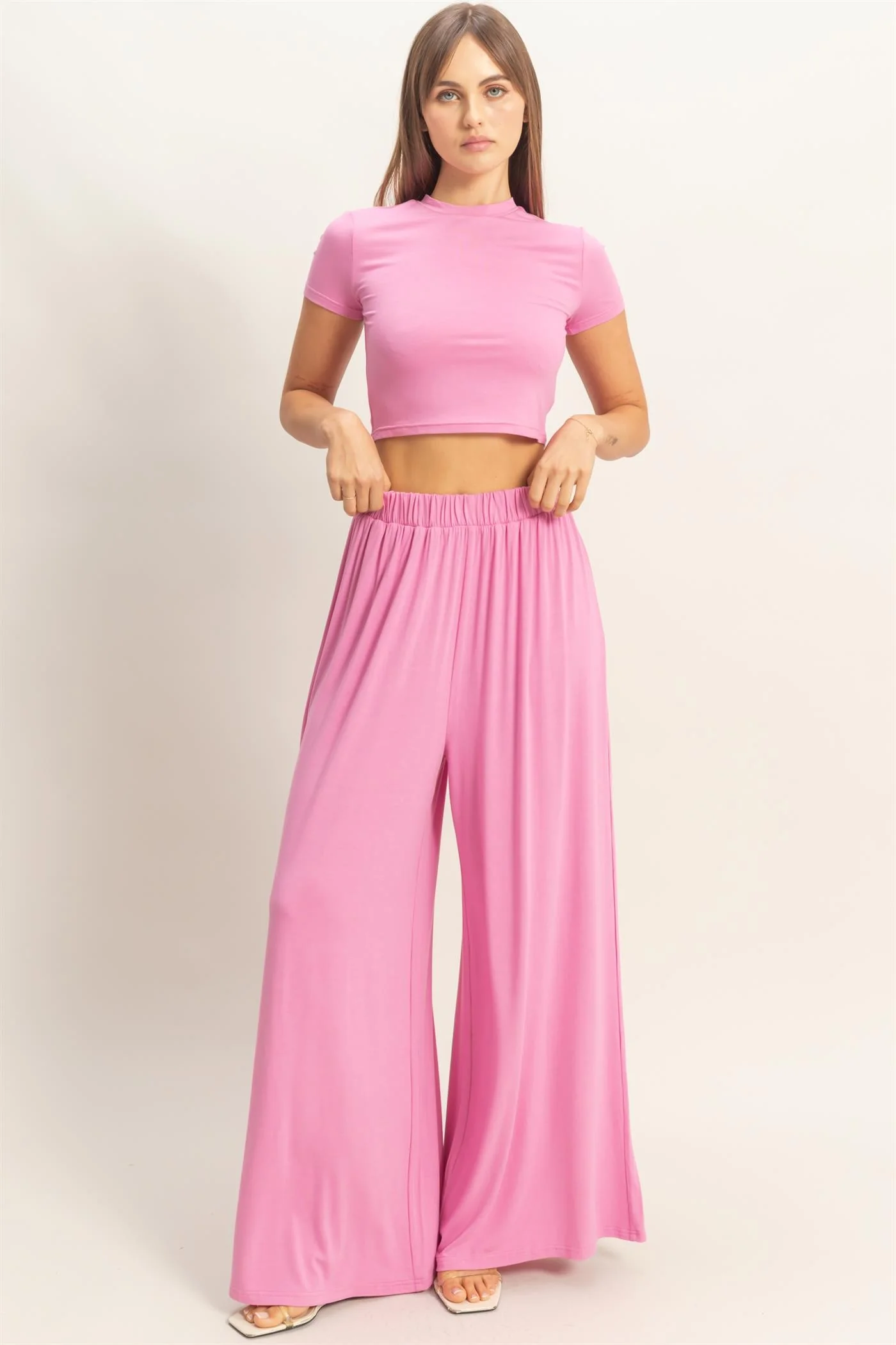 Pink Short Sleeve Crop Top Wide Leg Pant Maternity Set - Image 2