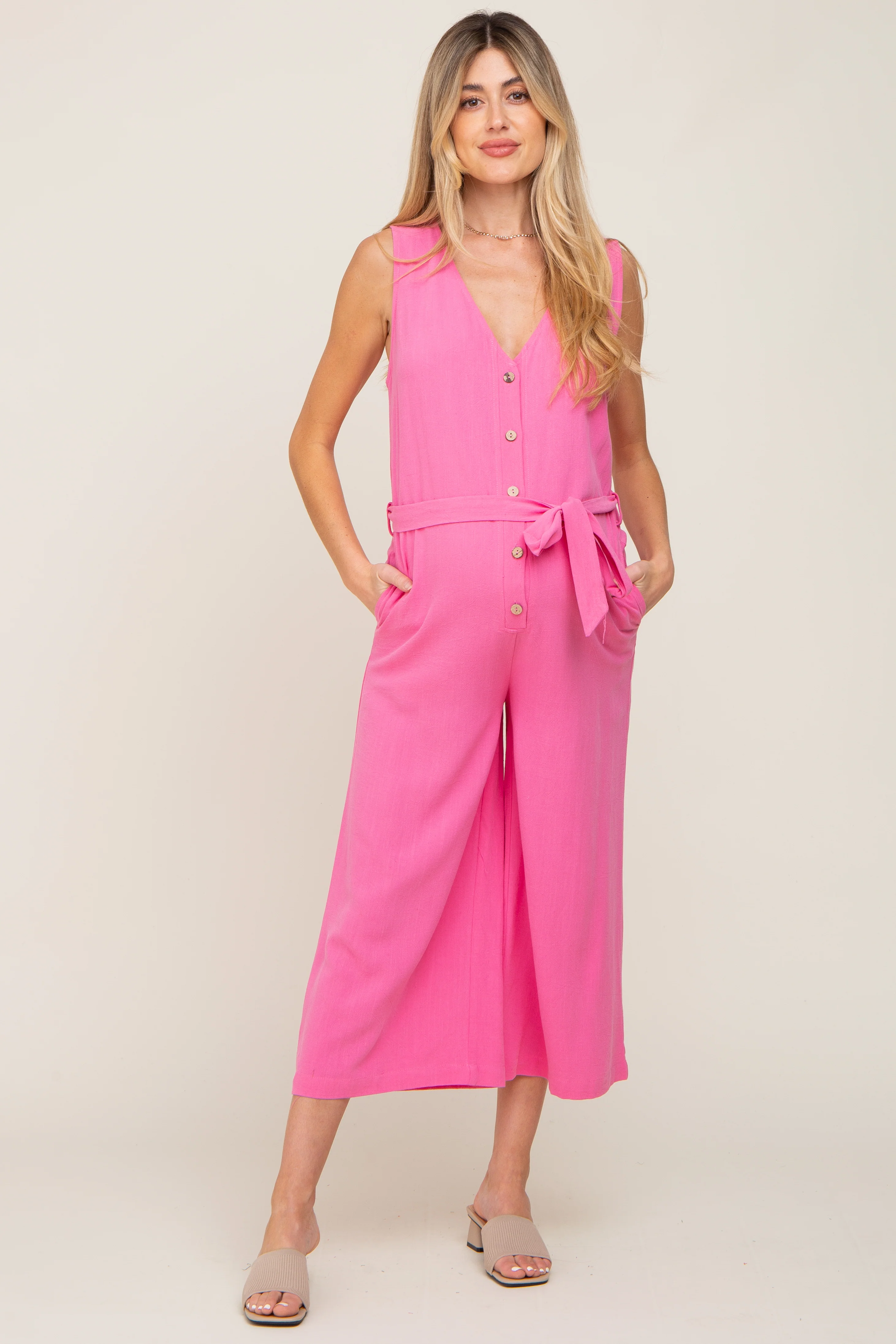 Pink Sleeveless Button Front Maternity Cropped Jumpsuit - Image 2