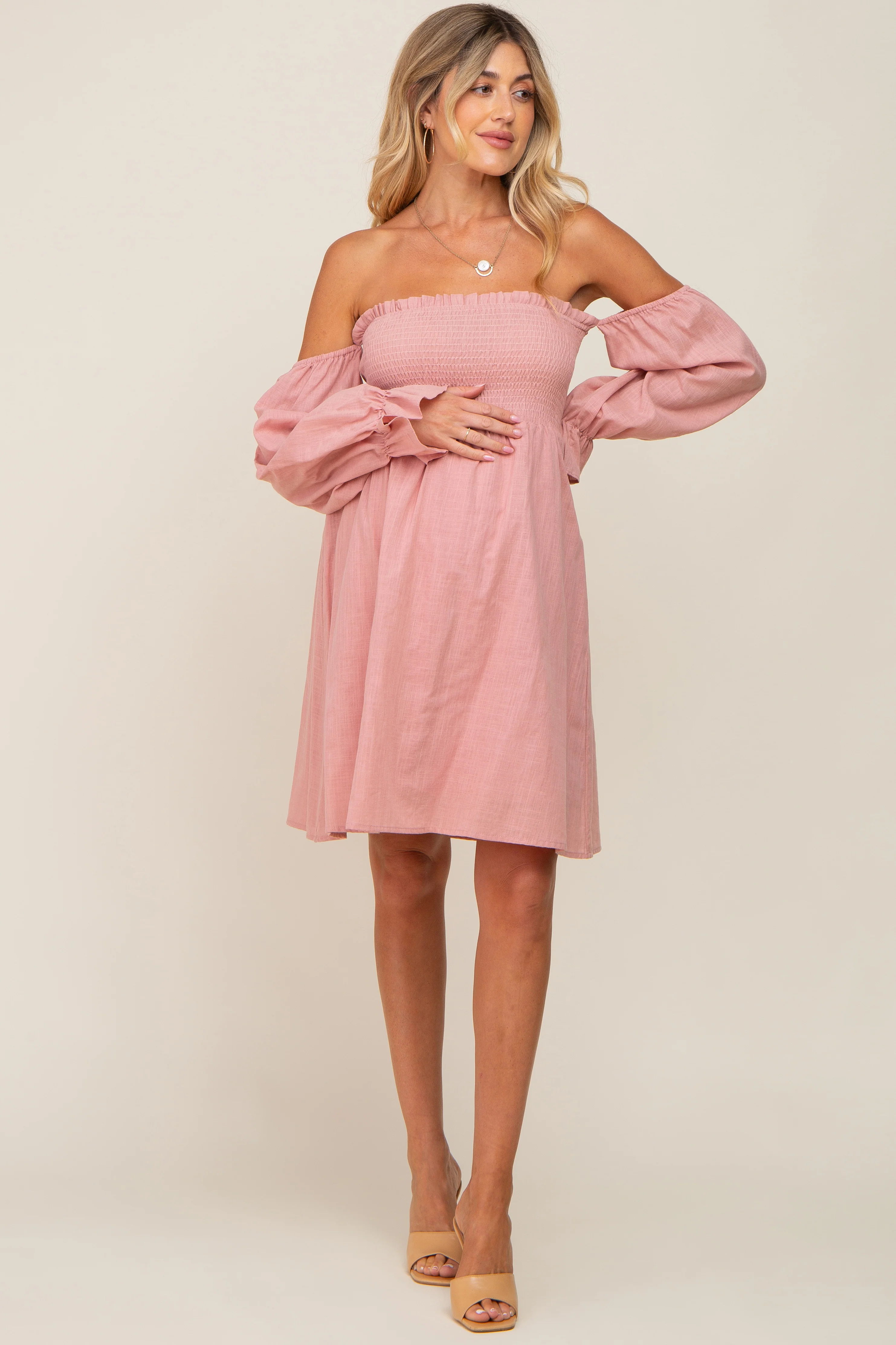 Pink Smocked Off Shoulder Long Sleeve Maternity Dress - Image 4