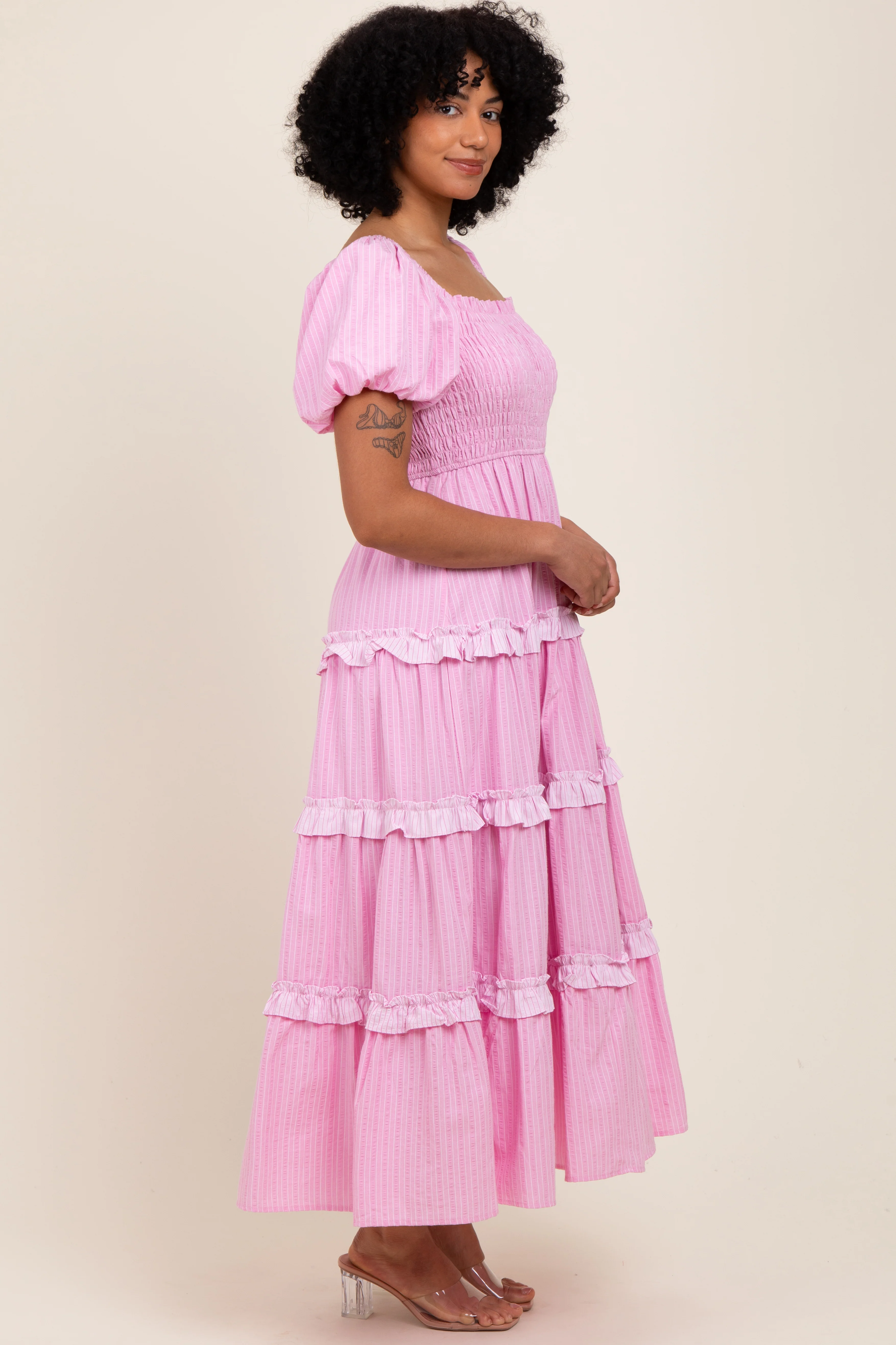 Pink Smocked Ruffle Tiered Puff Sleeve Maxi Dress - Image 3