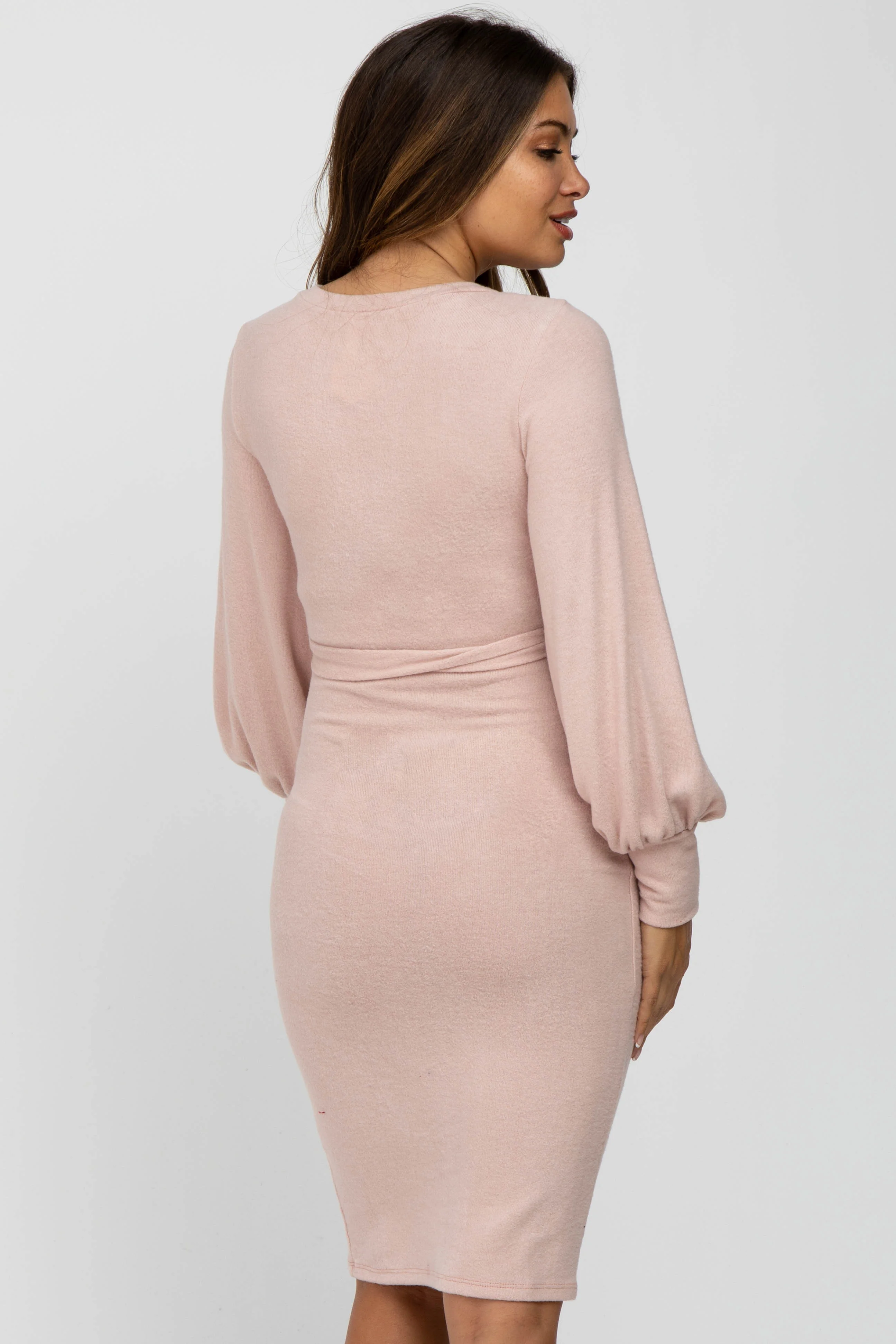 Pink Soft Brushed Waist Tie Bubble Sleeve Maternity Dress - Image 4