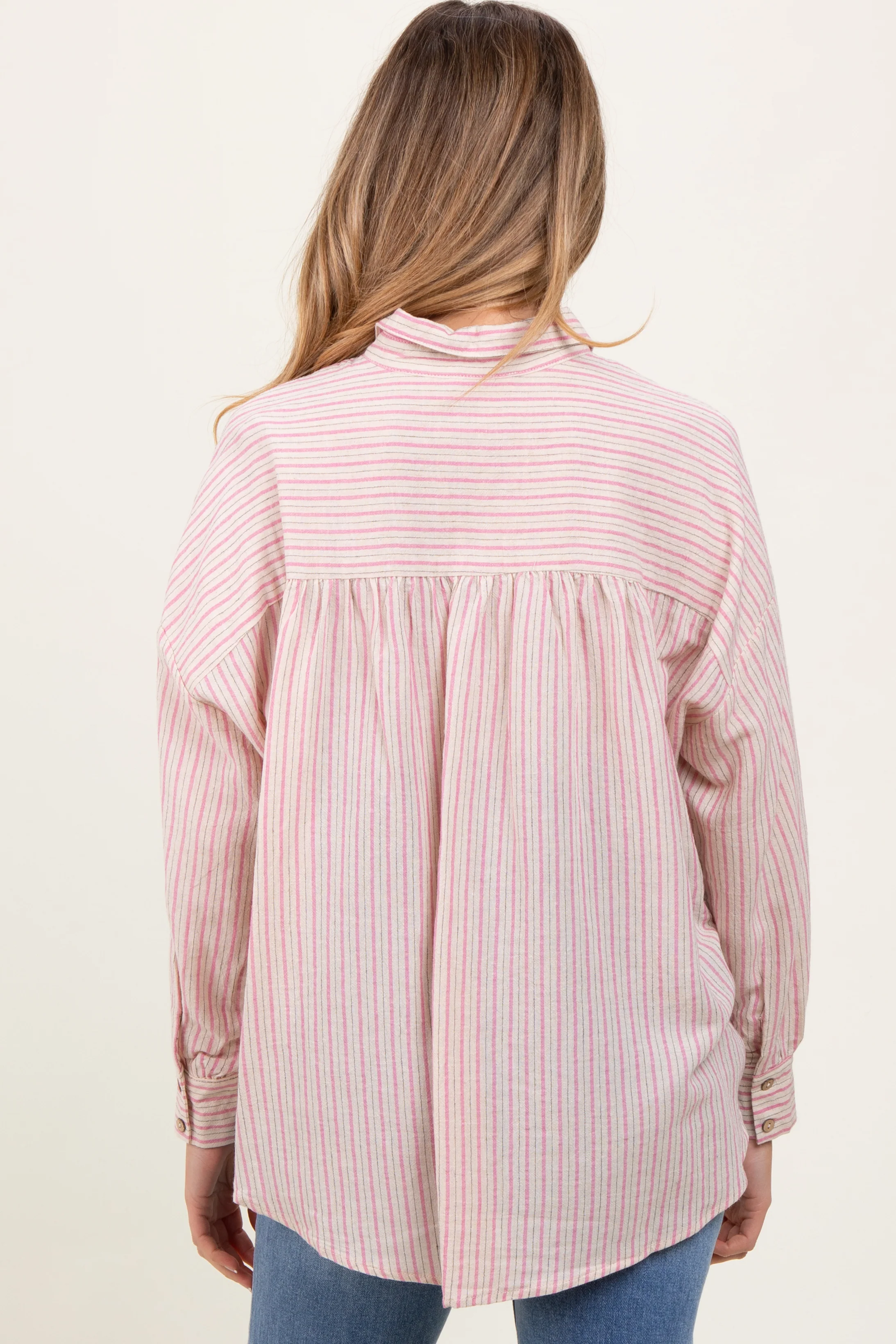 Pink Stripe Oversized Button Down Maternity Shirt - Image 3