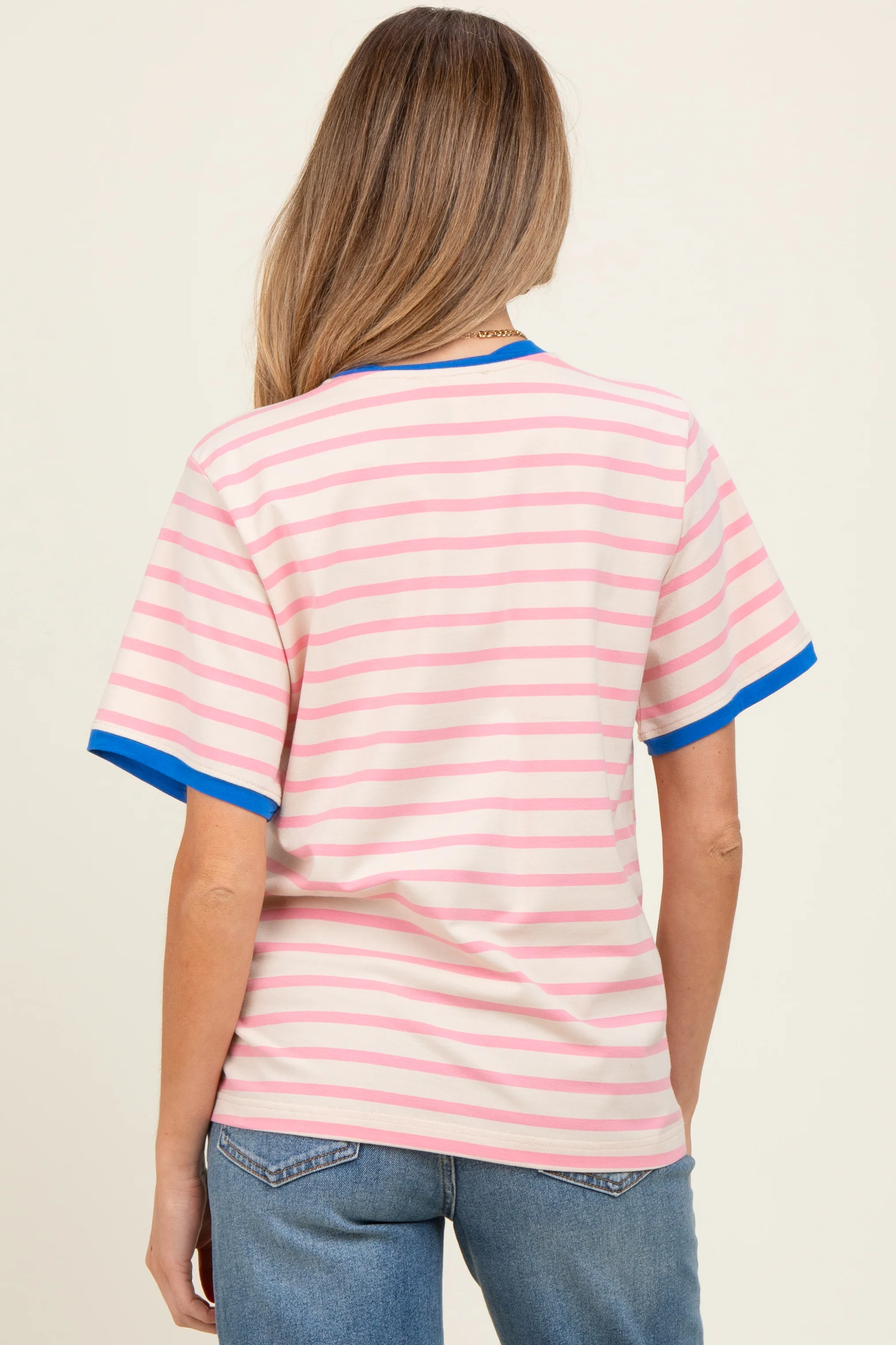 Pink Striped Contrast Trim Short Sleeve Maternity Tee - Image 4