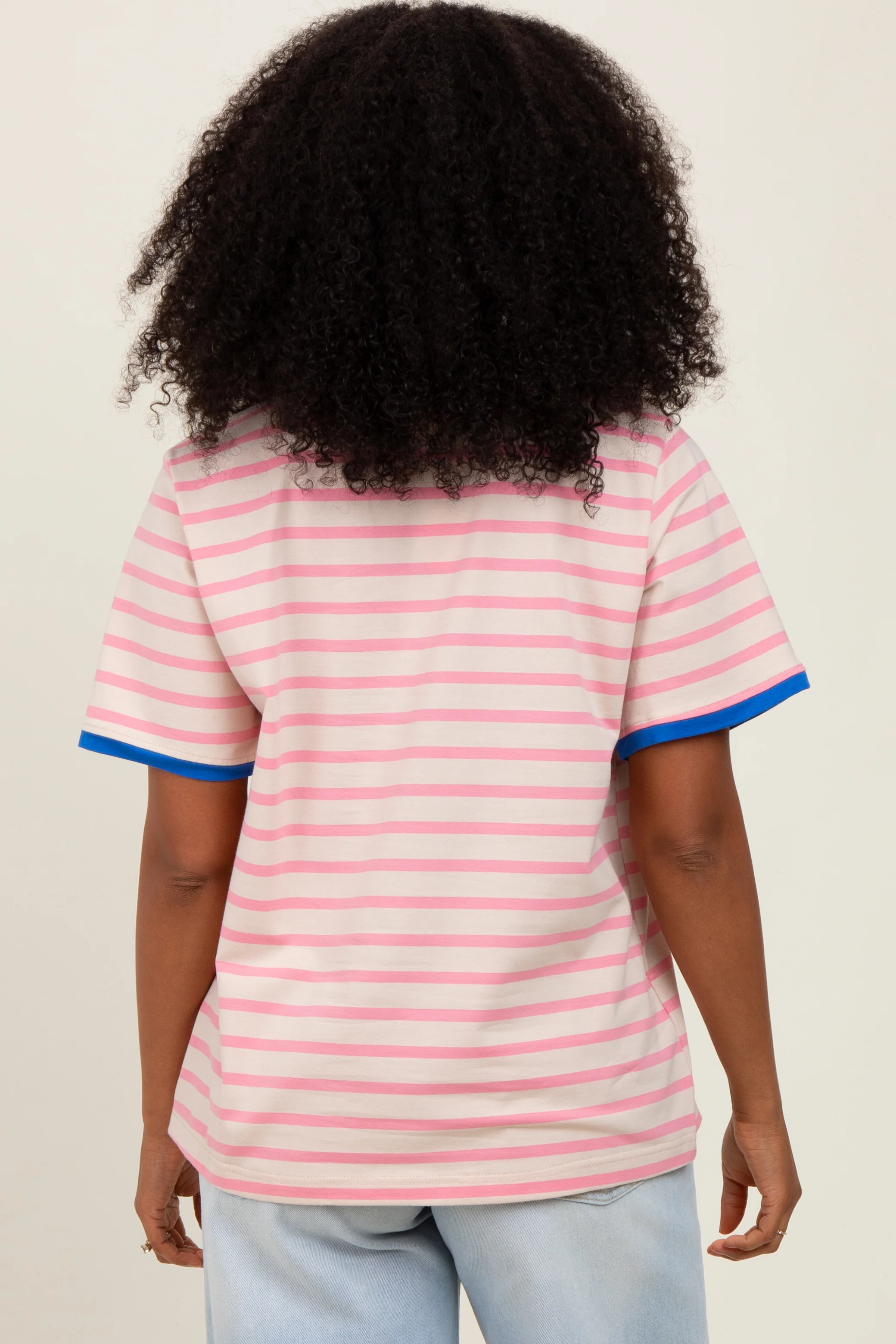 Pink Striped Contrast Trim Short Sleeve Tee - Image 4