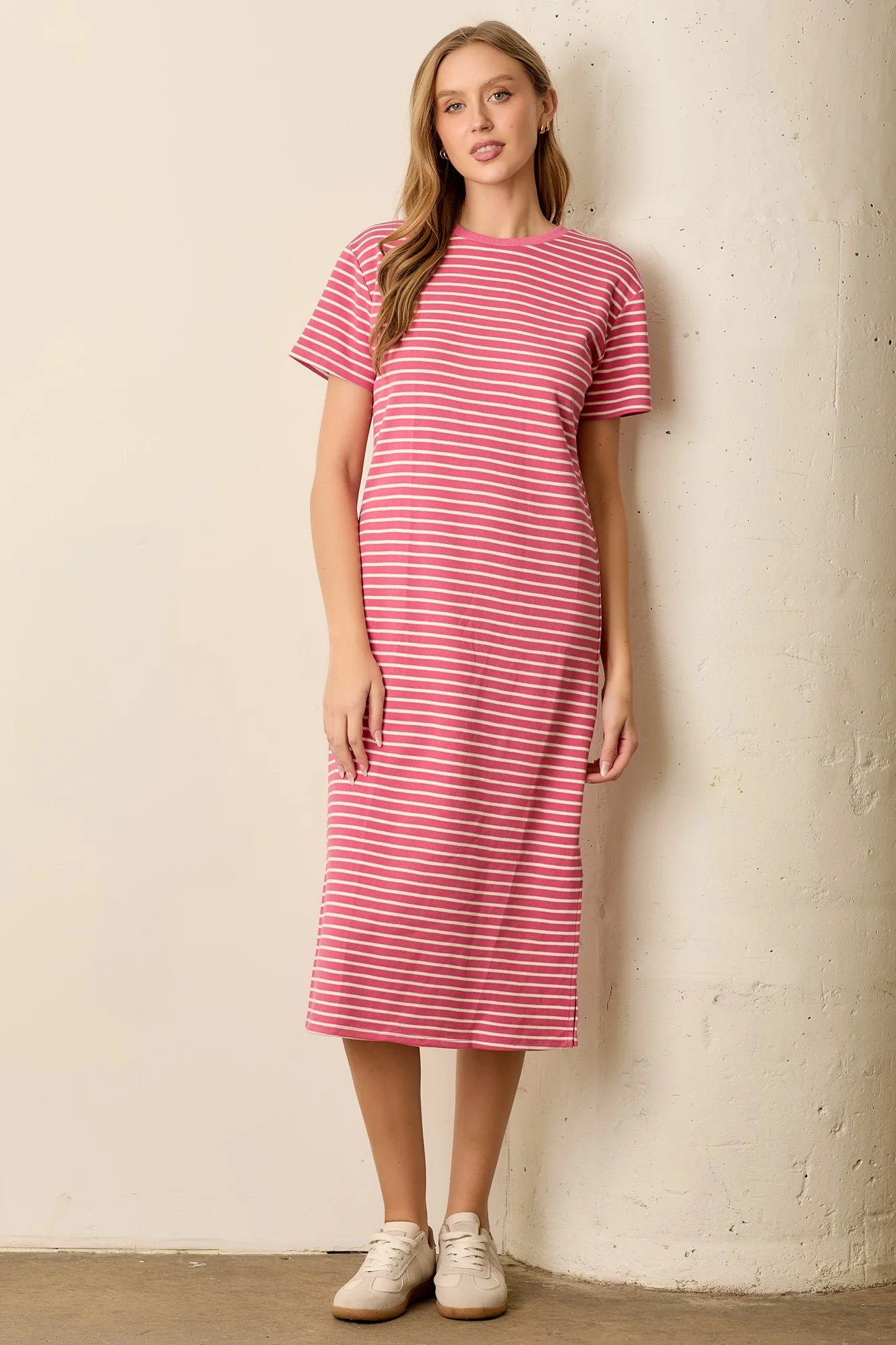 Pink Striped Short Sleeve Maternity T-Shirt Midi Dress - Image 5