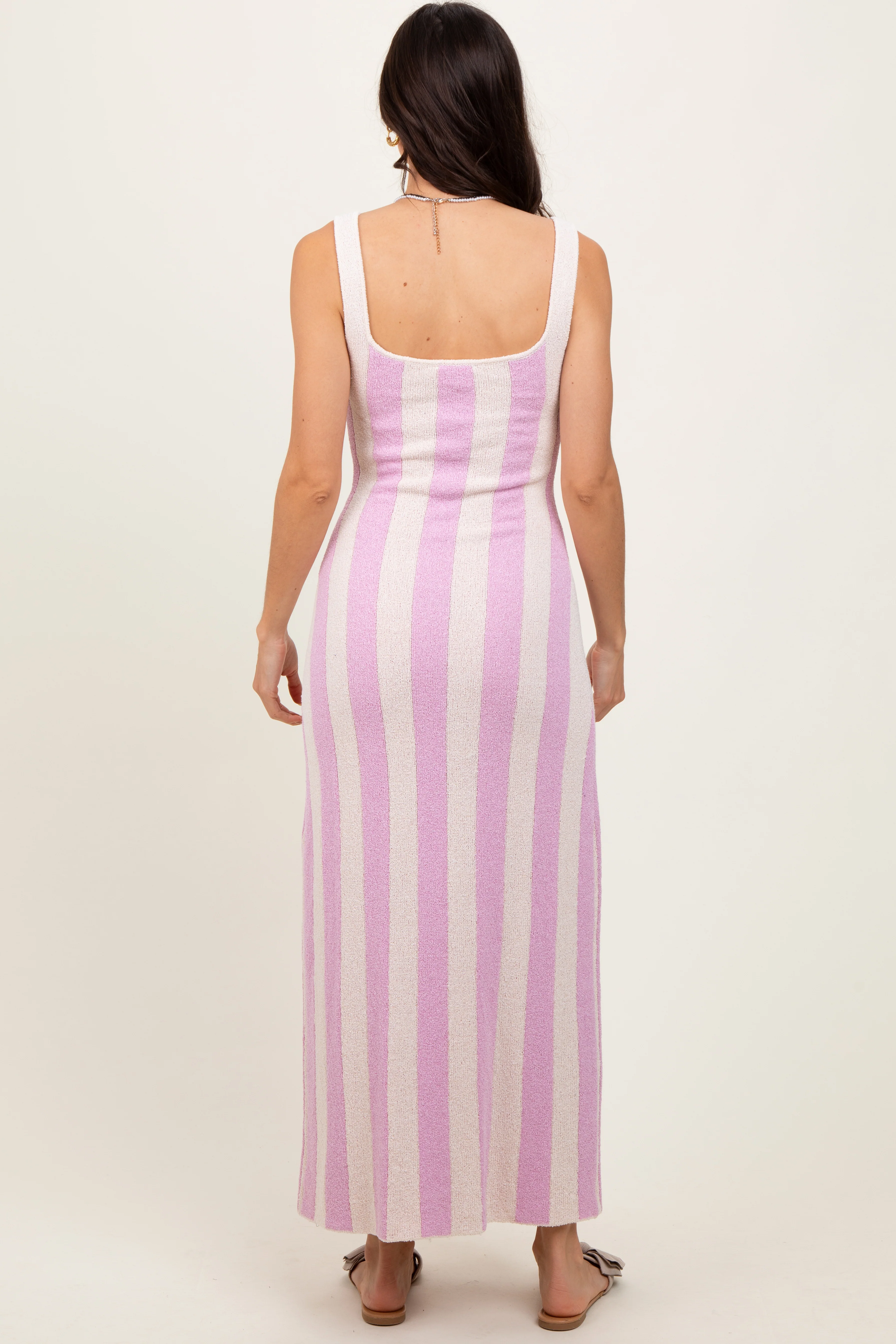 Pink Striped Terry Knit Sleeveless Midi Dress - Image 4