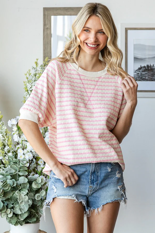 Pink Striped Textured Short Sleeve Maternity Top - Image 3
