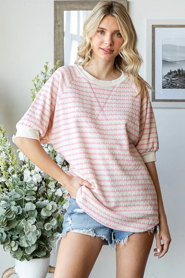 Pink Striped Textured Short Sleeve Top - Image 2