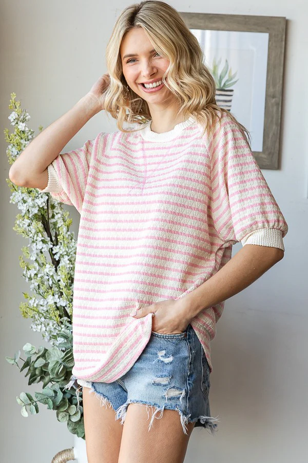 Pink Striped Textured Short Sleeve Top - Image 3