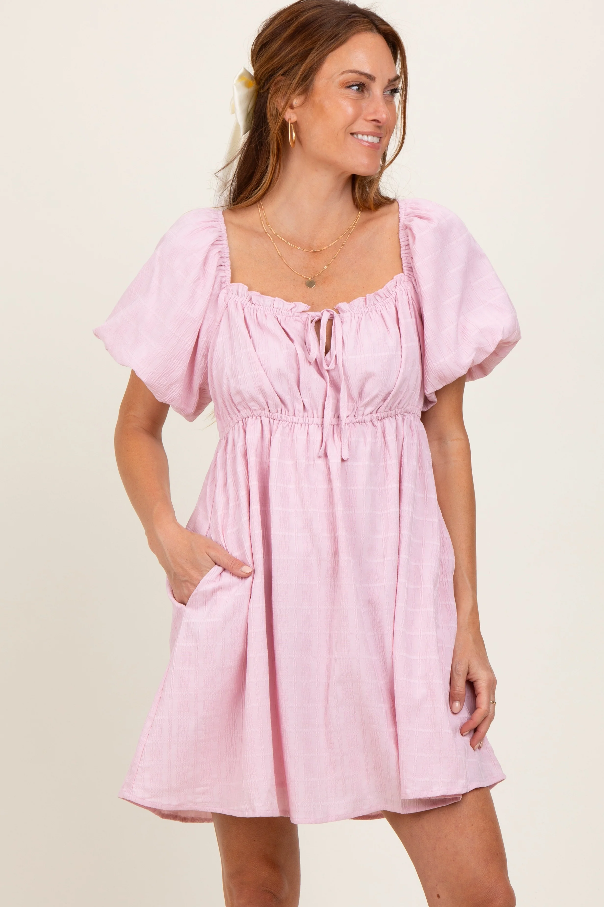 Pink Textured Bubble Sleeve Maternity Mini Dress
