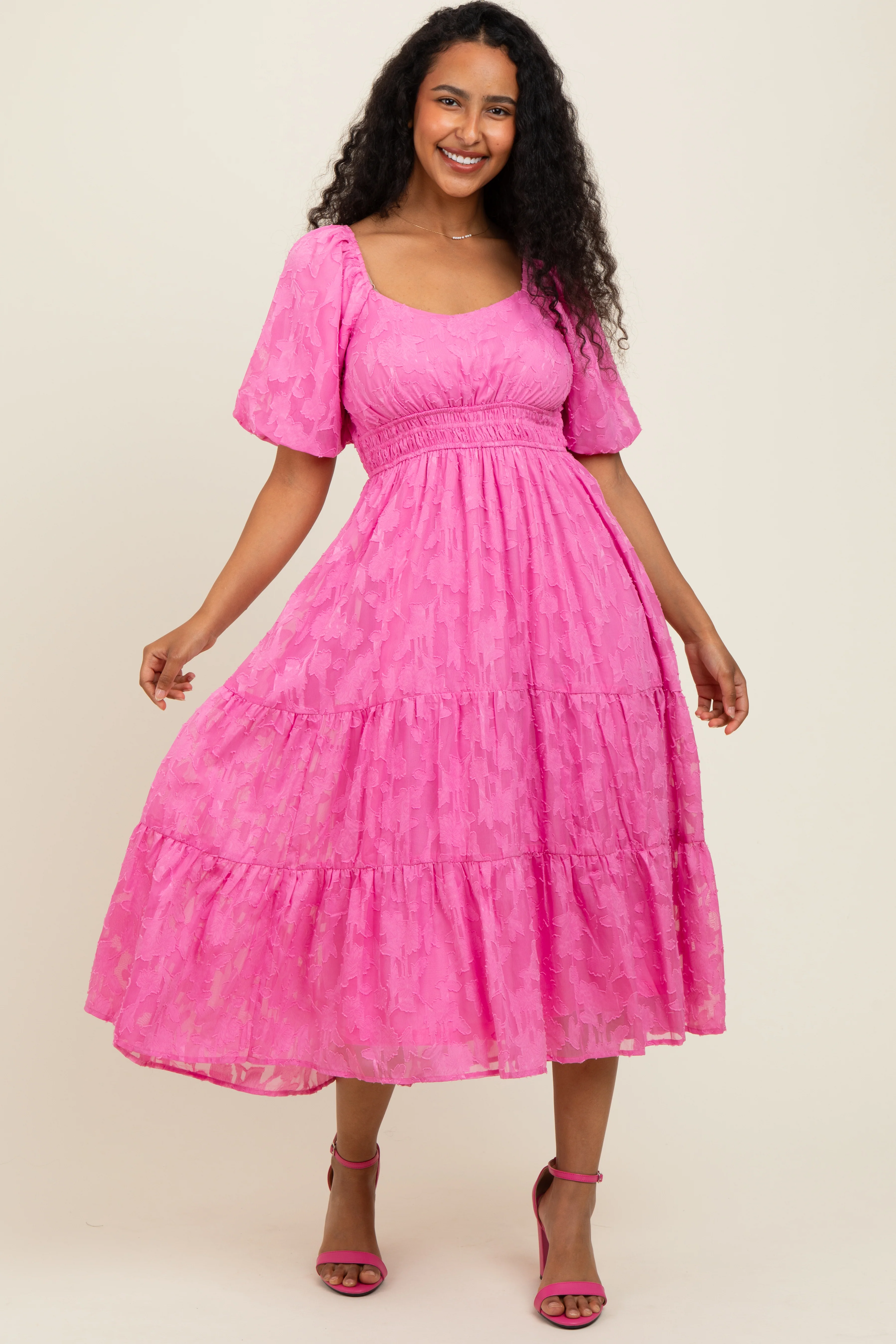 Pink Textured Floral Short Sleeve Midi Dress - Image 2