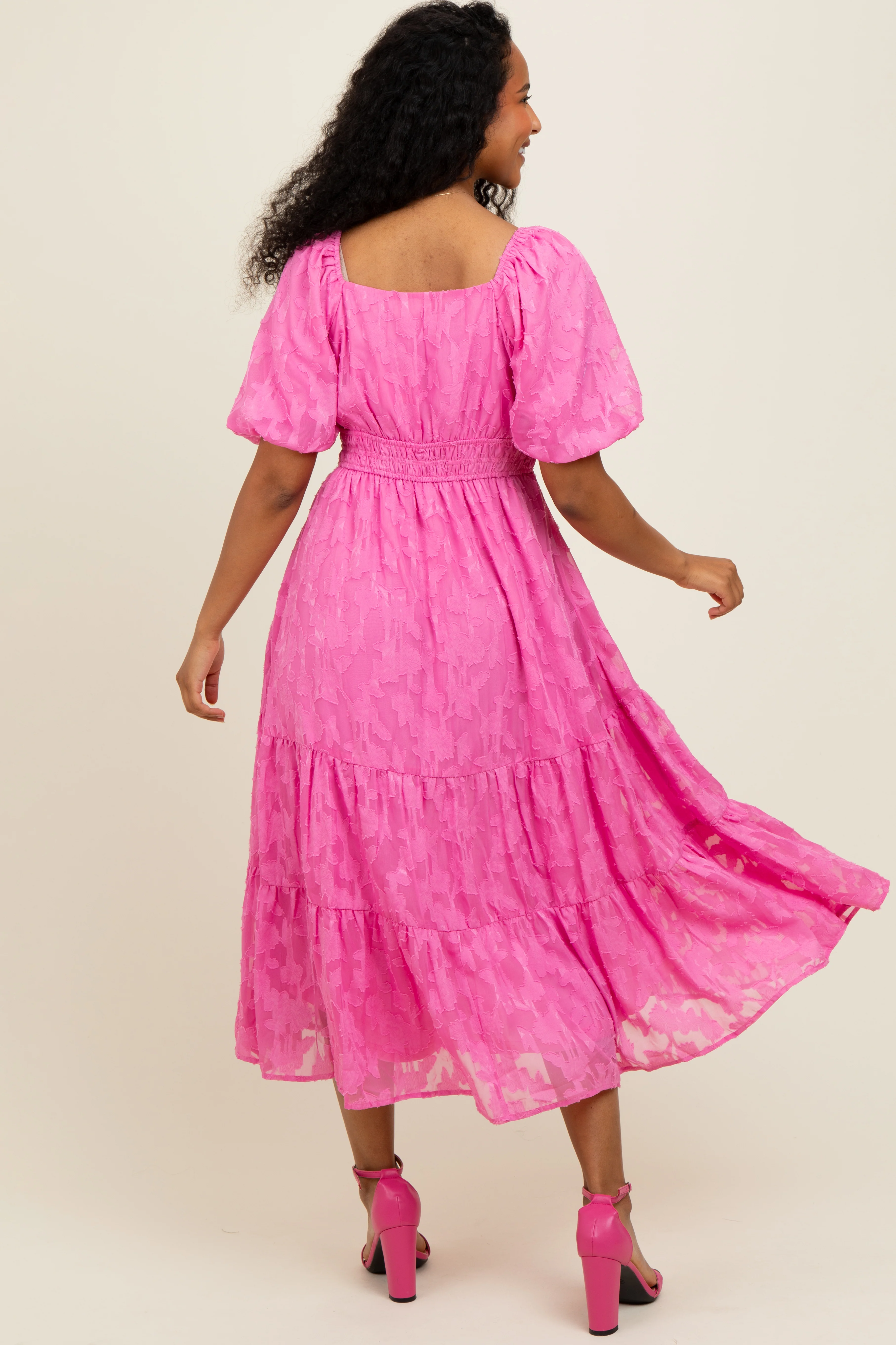 Pink Textured Floral Short Sleeve Midi Dress - Image 4