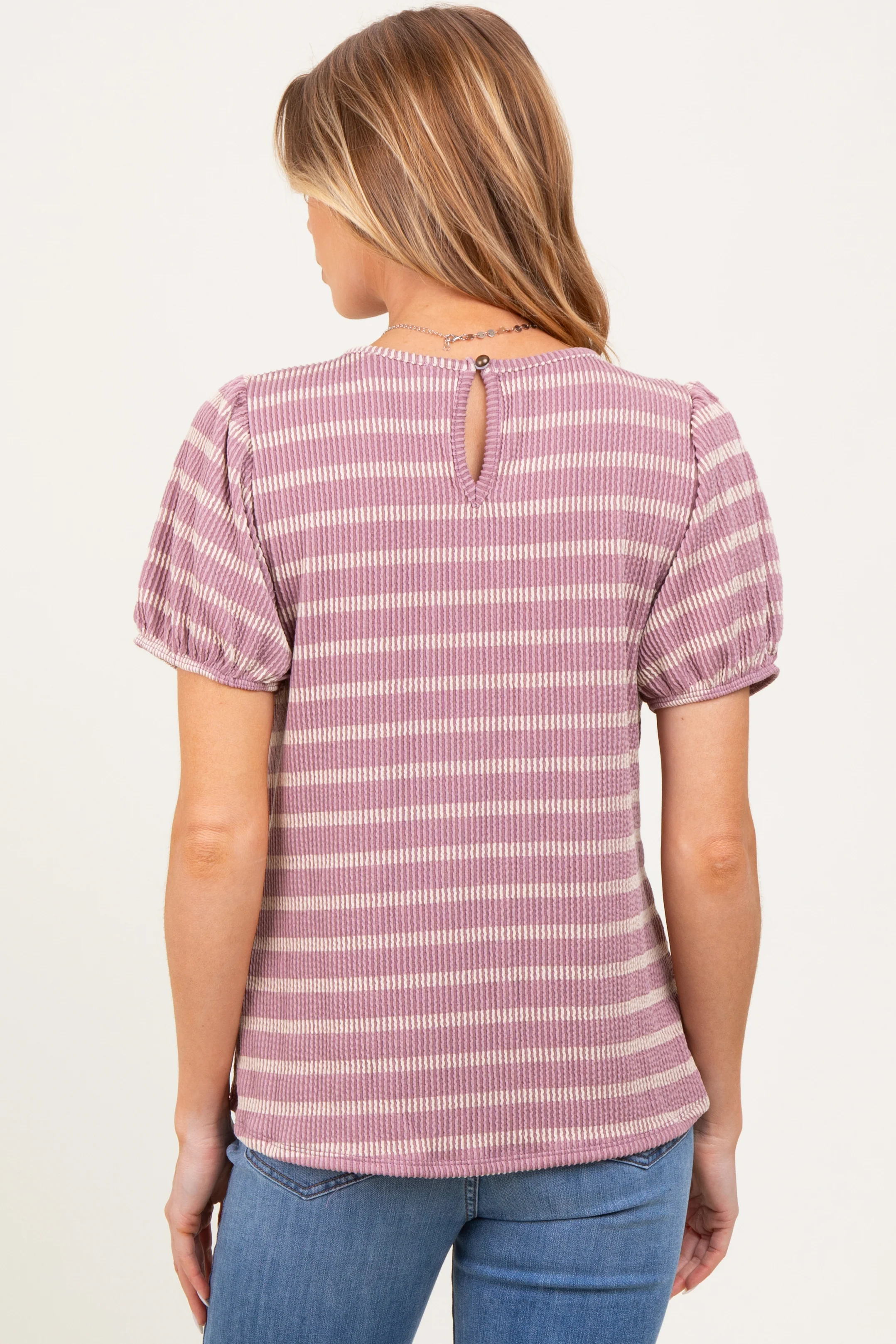 Pink Textured Knit Striped Puff Sleeve Maternity Top - Image 4