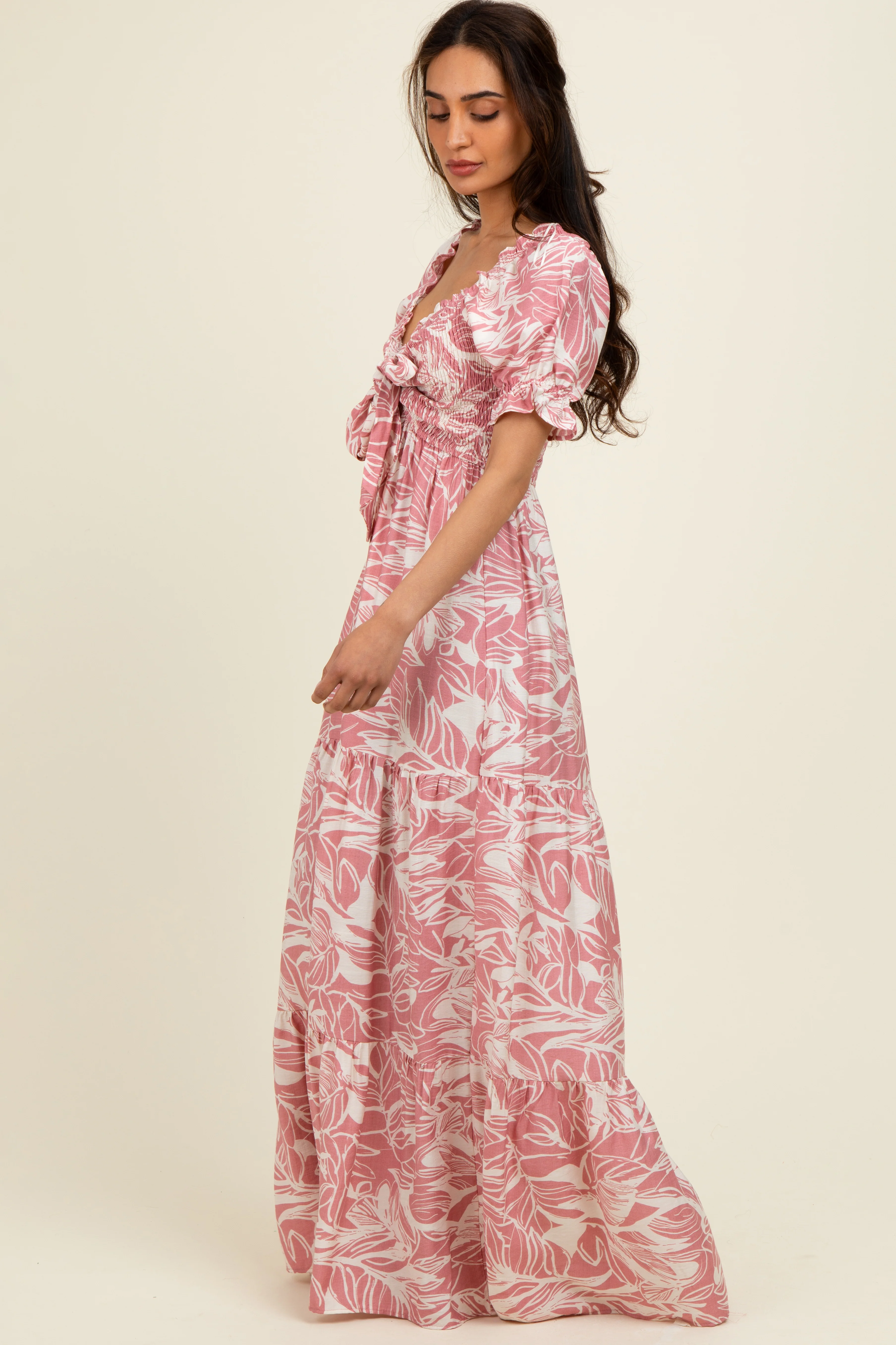 Pink Tropical Print Smocked Front Tie Maternity Maxi Dress - Image 4