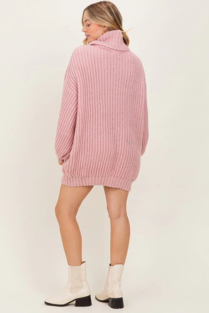 Pink Turtleneck Puff Sleeve Sweater Dress - Image 4
