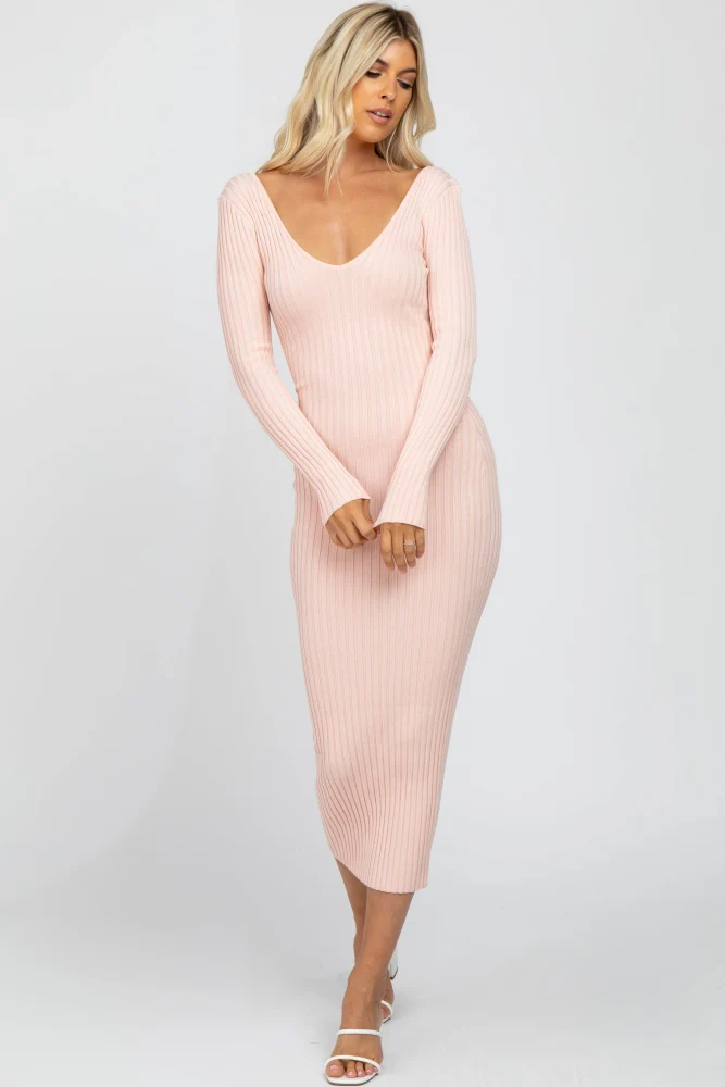 Pink V-Neck Long Sleeve Fitted Maternity Maxi Dress - Image 9